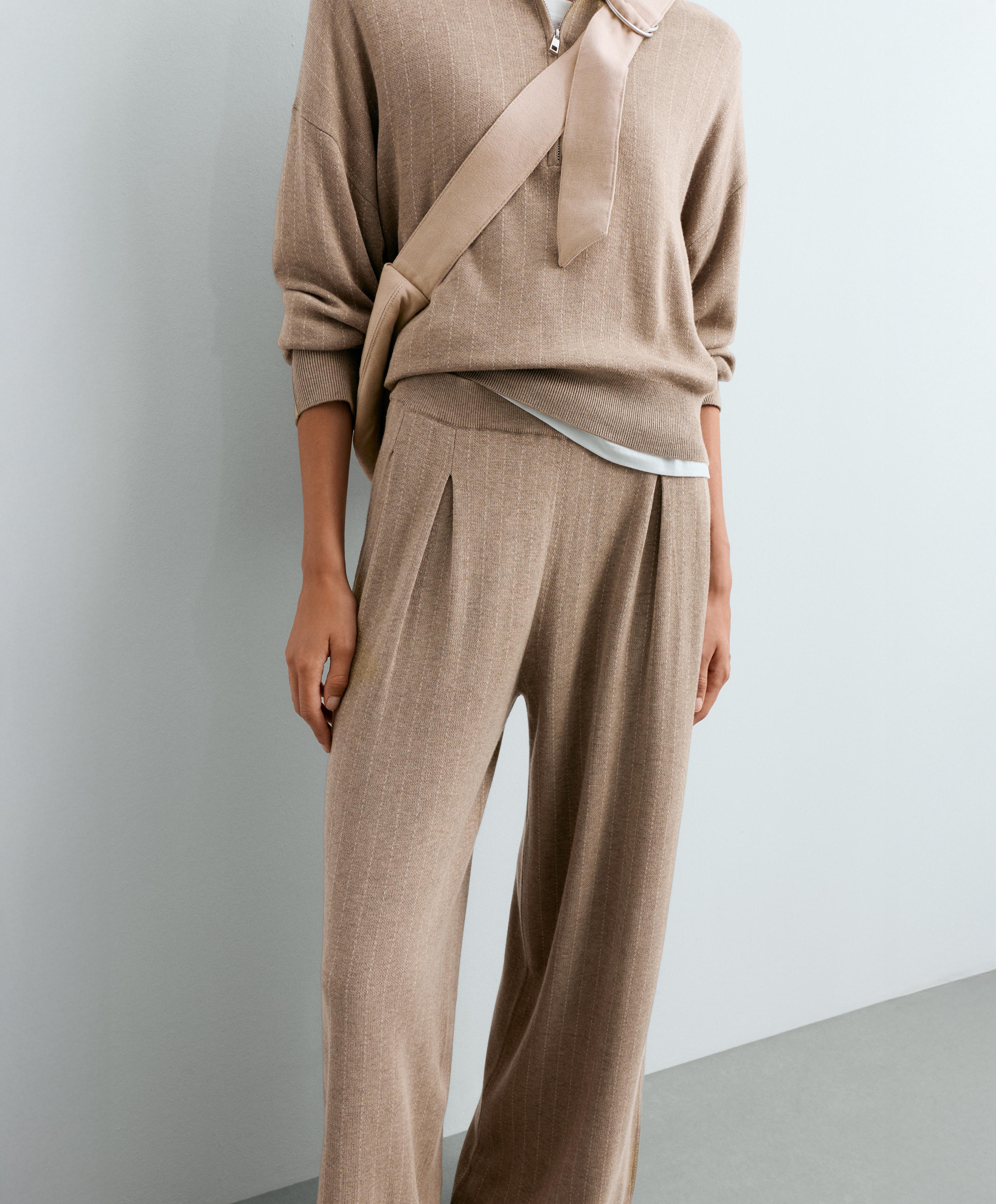 Wide-leg pinstripe knit trousers — DARK NOUGAT