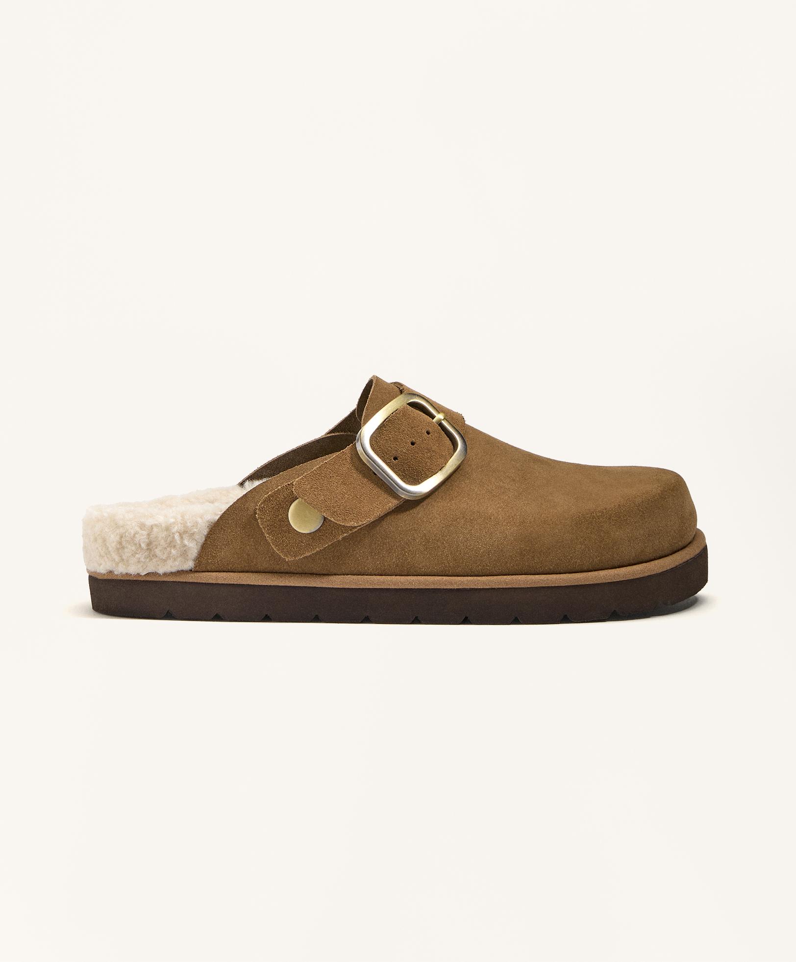 Buckled split-leather faux shearling clogs — TOASTED BROWN