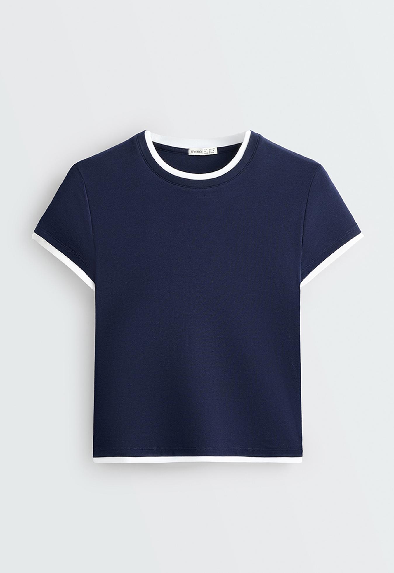 Cotton blend double rib effect short sleeve T-shirt — NAVY BLUE