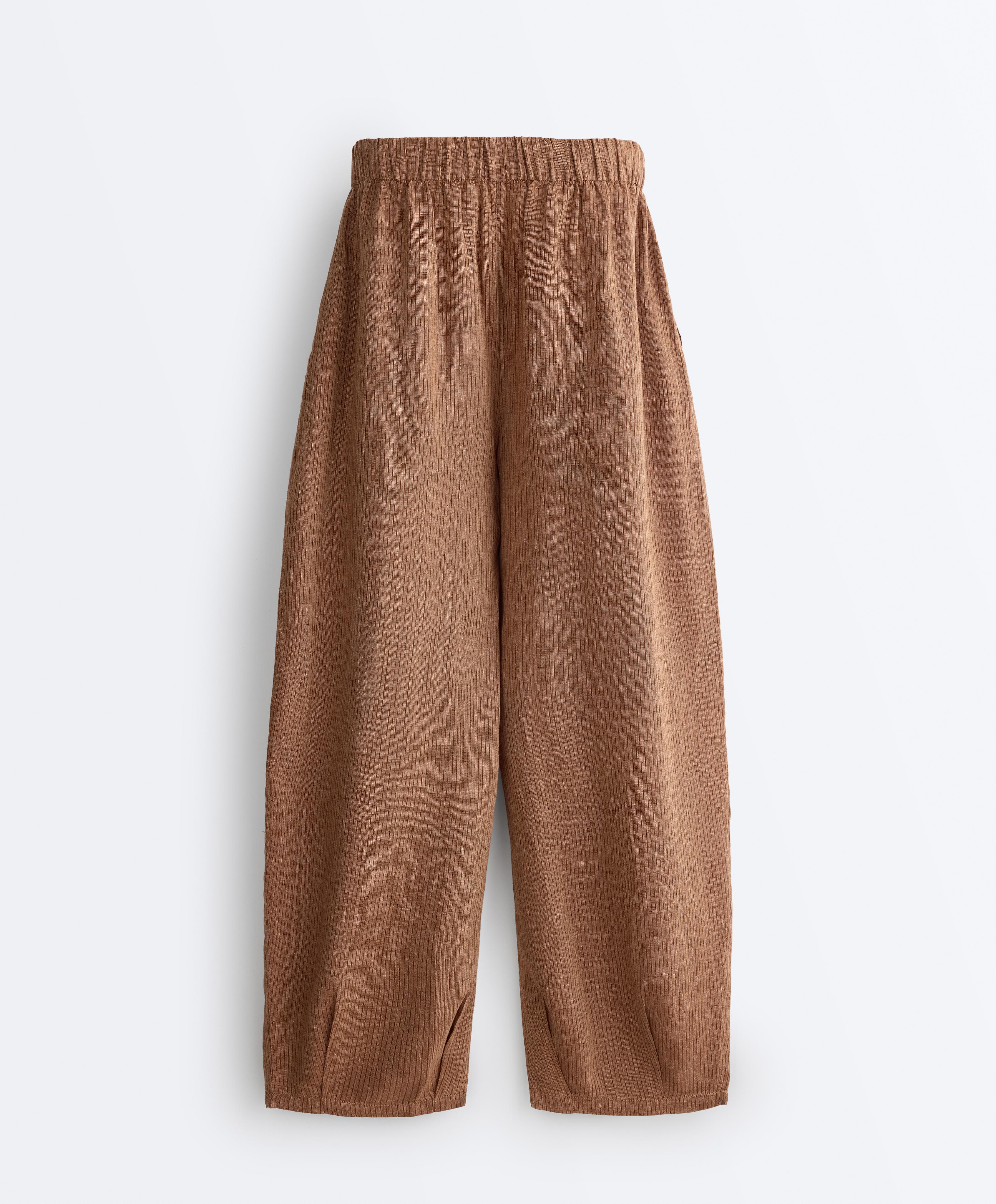 100% linen striped balloon trousers — TAN MELANGE