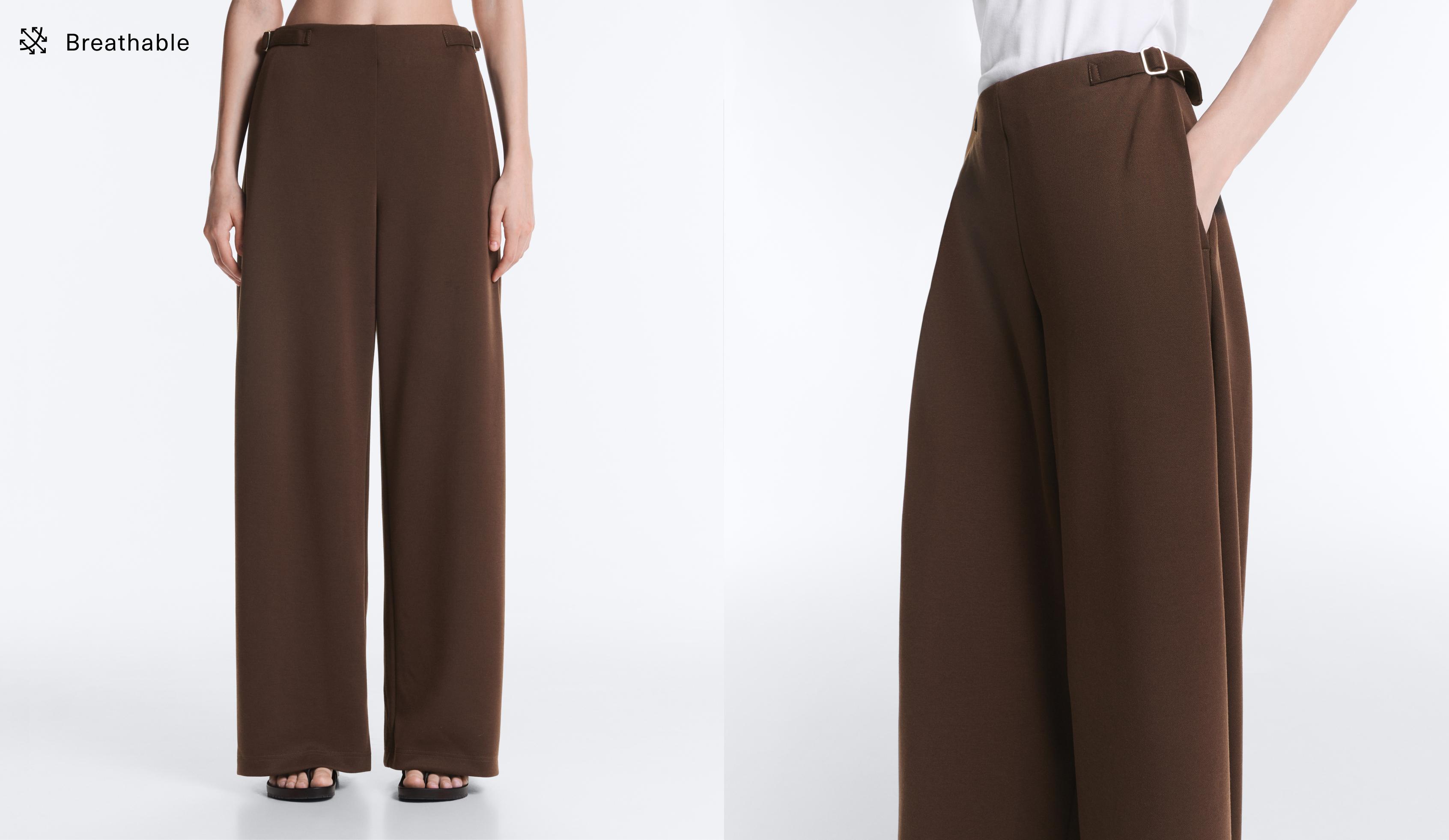 Wide-leg high rise pique trousers with buckles — DARK BROWN
