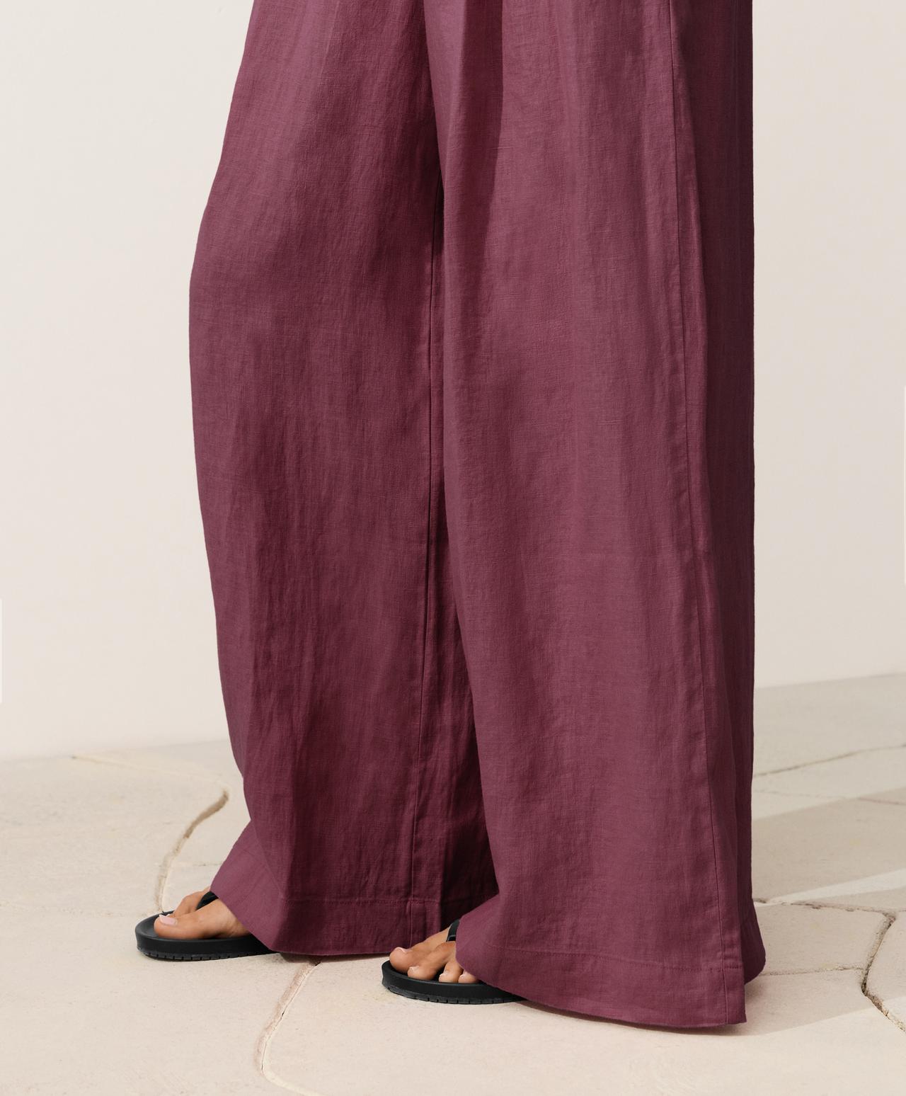 100% linen wide-leg trousers — CHERRY