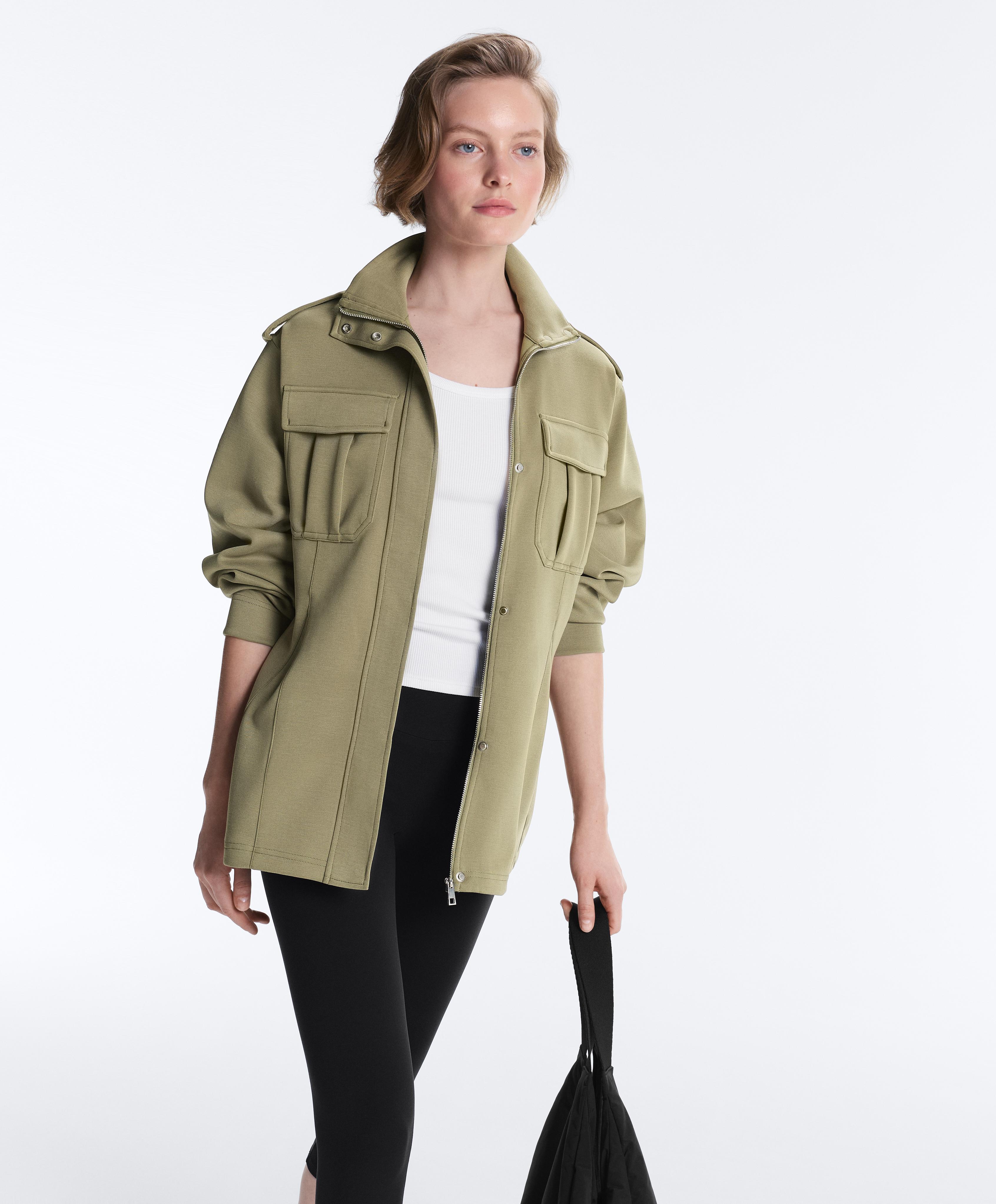 Long utility pique jacket with belt — YELLOW GREEN