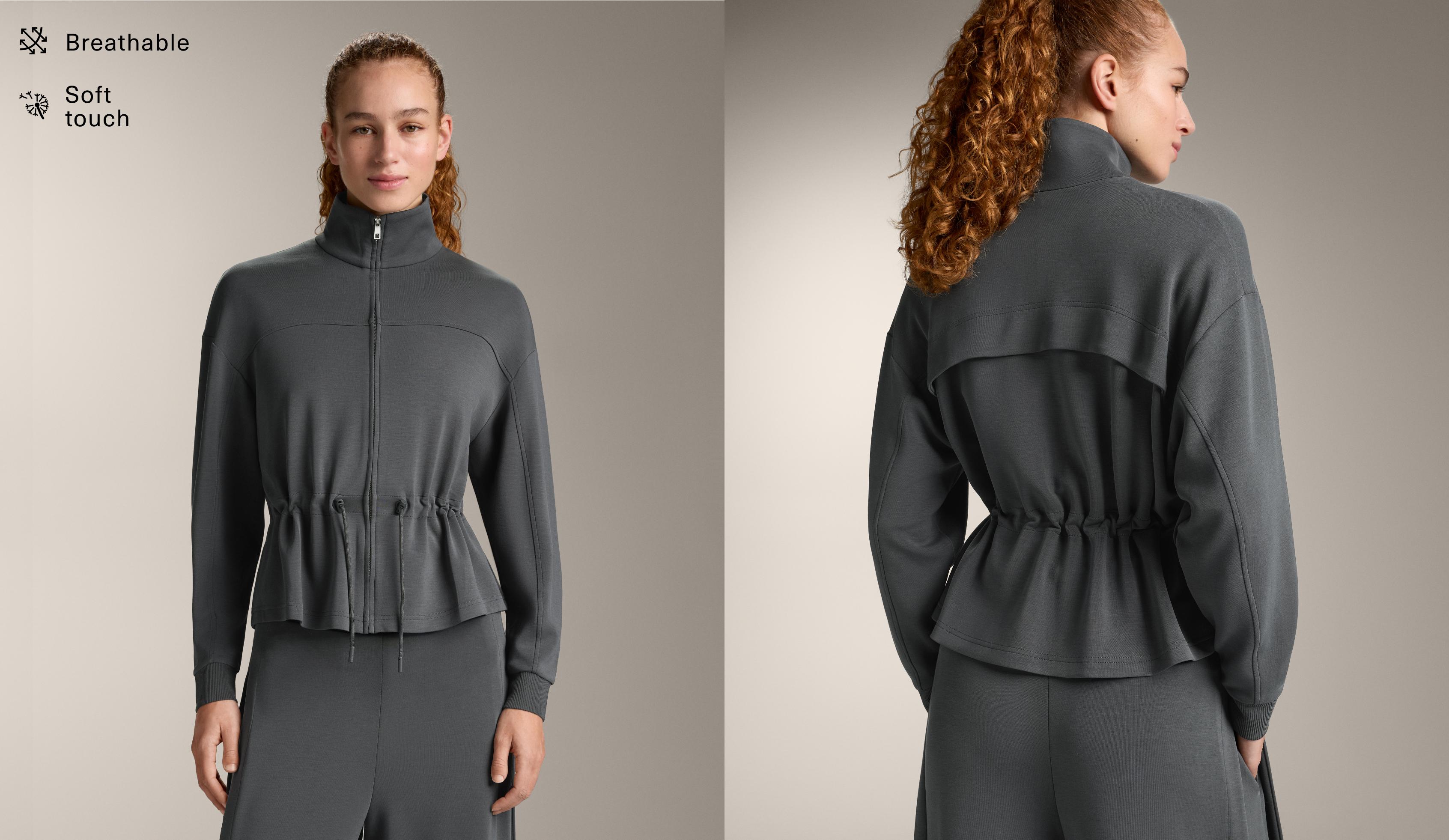 Soft-touch modal jacket with adjustable waist and high collar