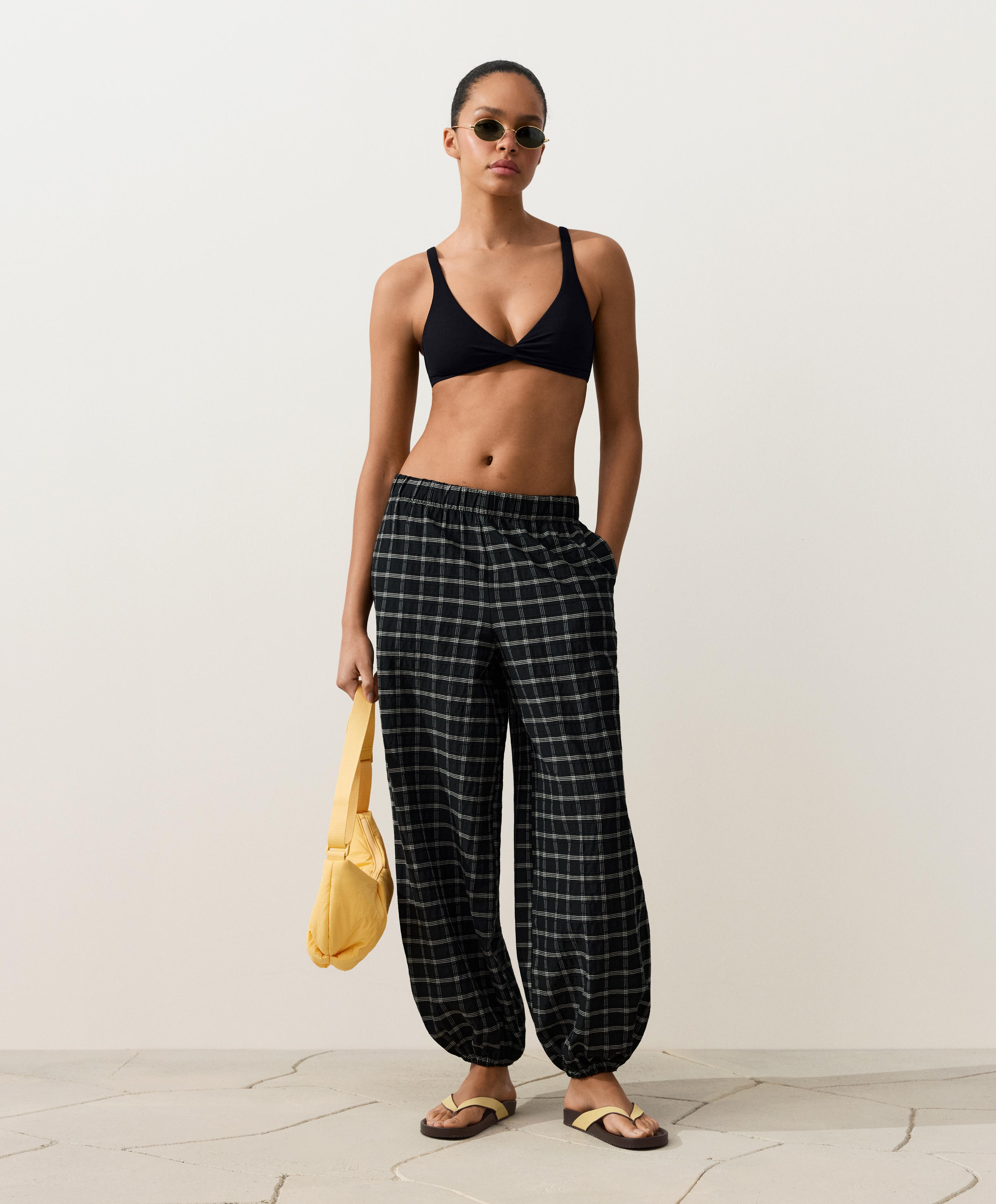 Piqué tie-back halter bikini top — BLACK