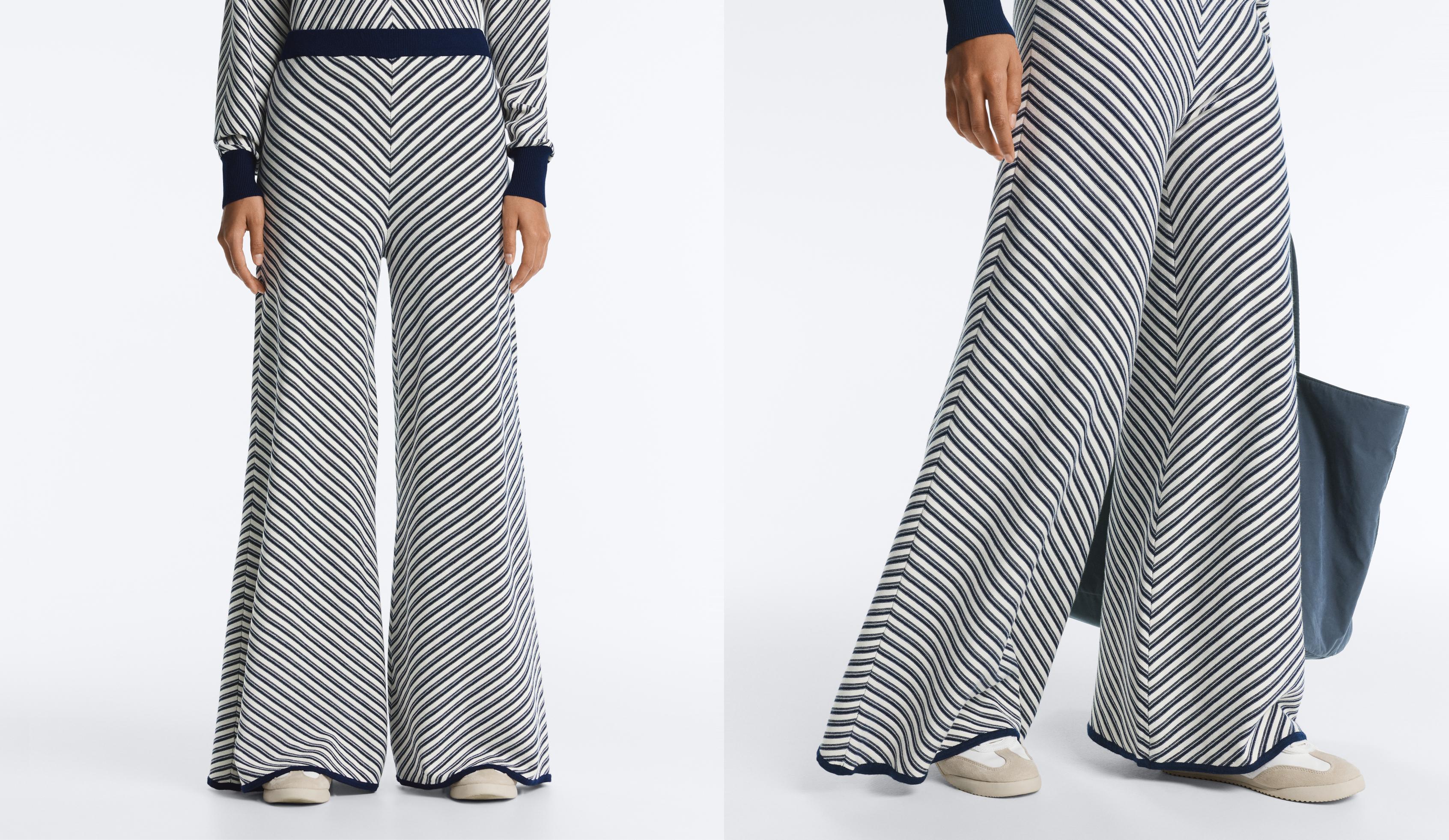Diagonal stripe wide-leg knit trousers — NAVY BLUE