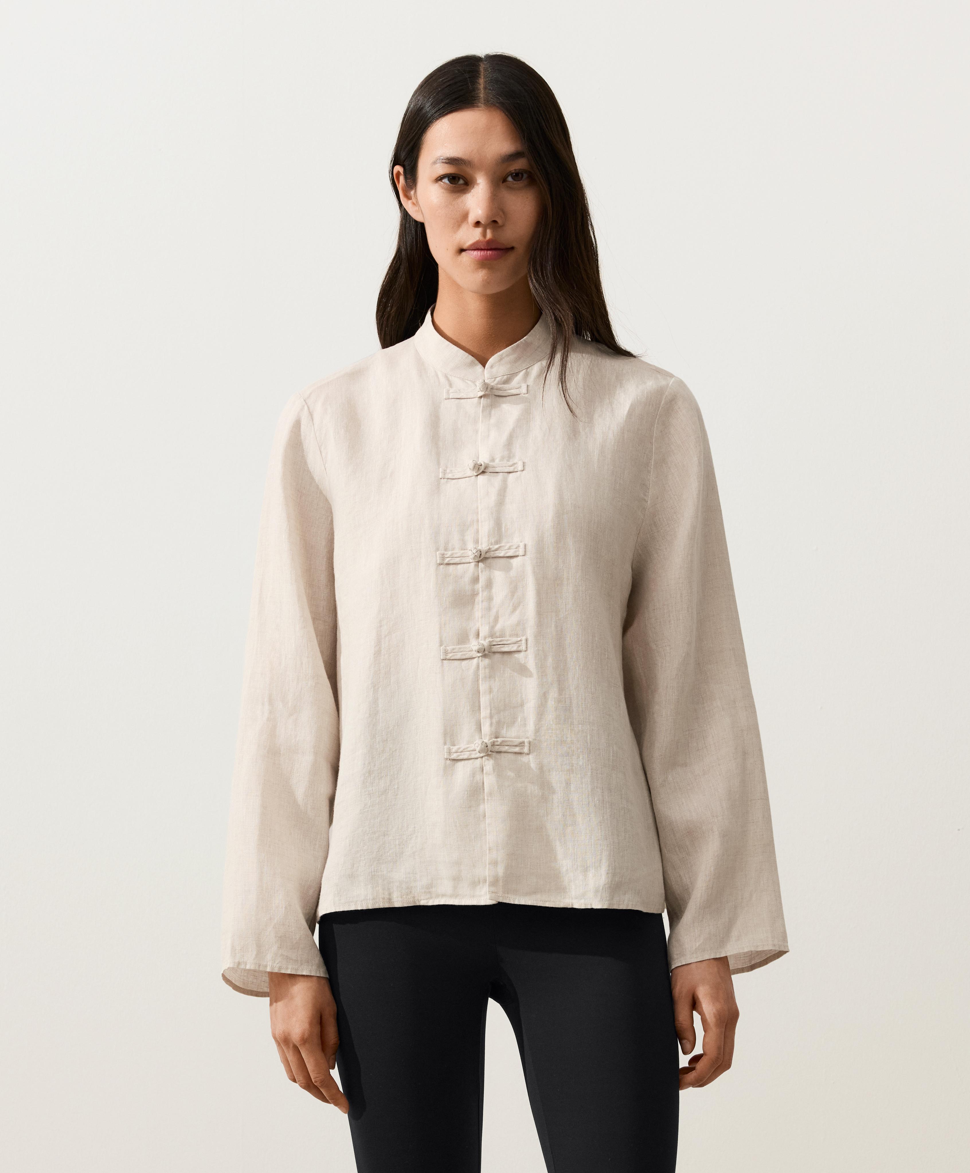 100% linen stand-up collar shirt — SAND MELANGE