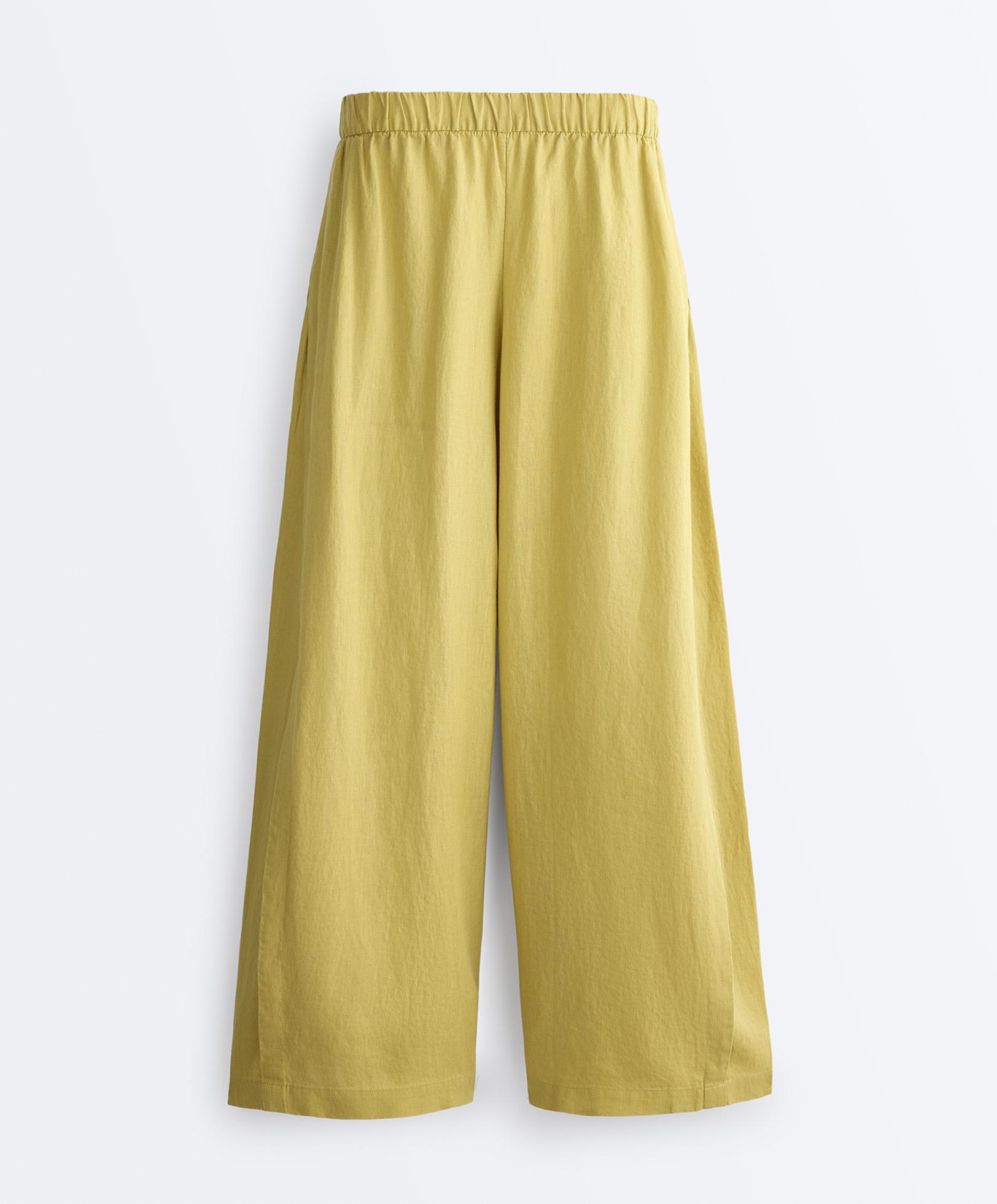 100% linen wide-leg trousers with side pleat — LIME GREEN