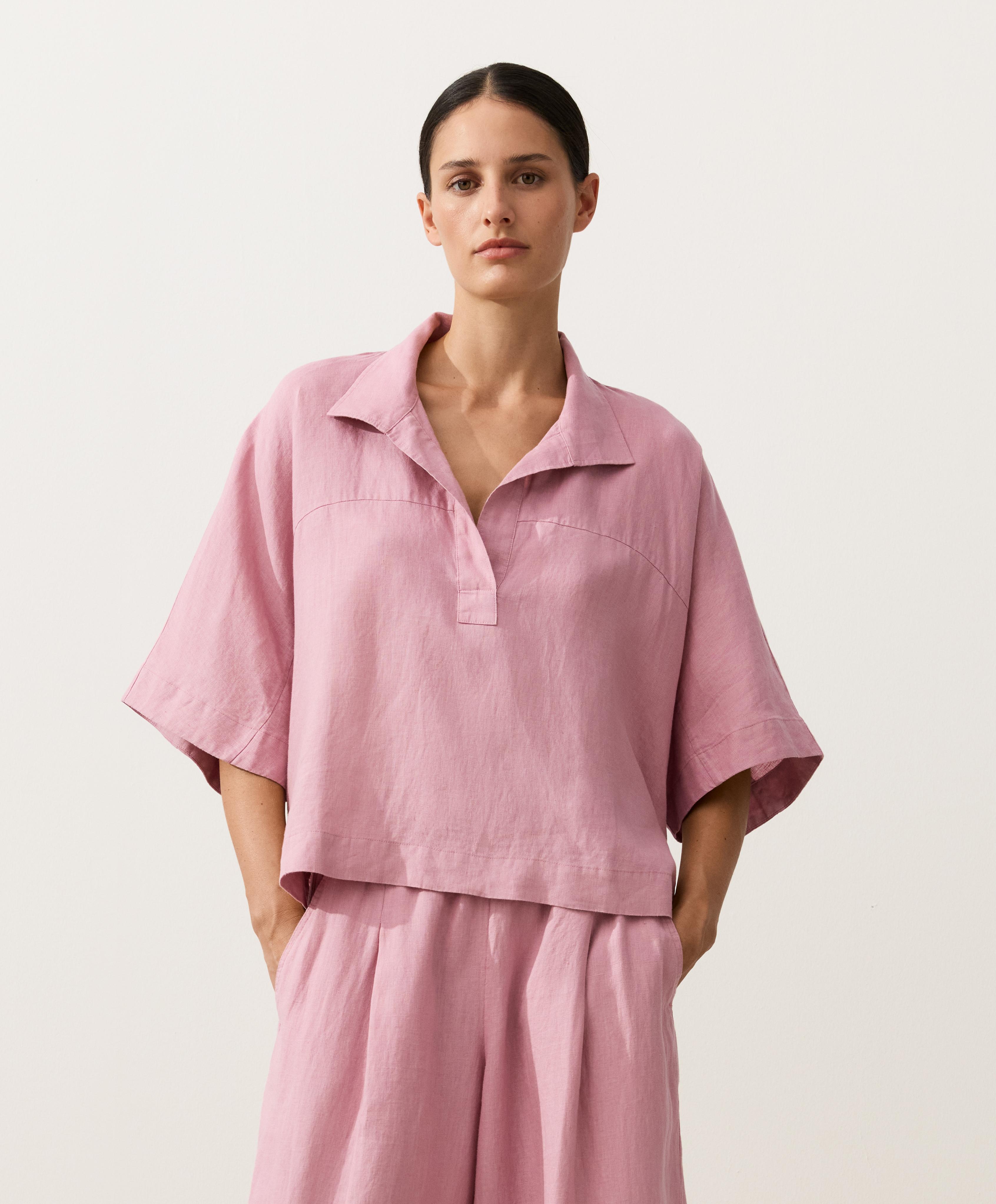 Oversize 100% linen polo shirt — MID-PINK