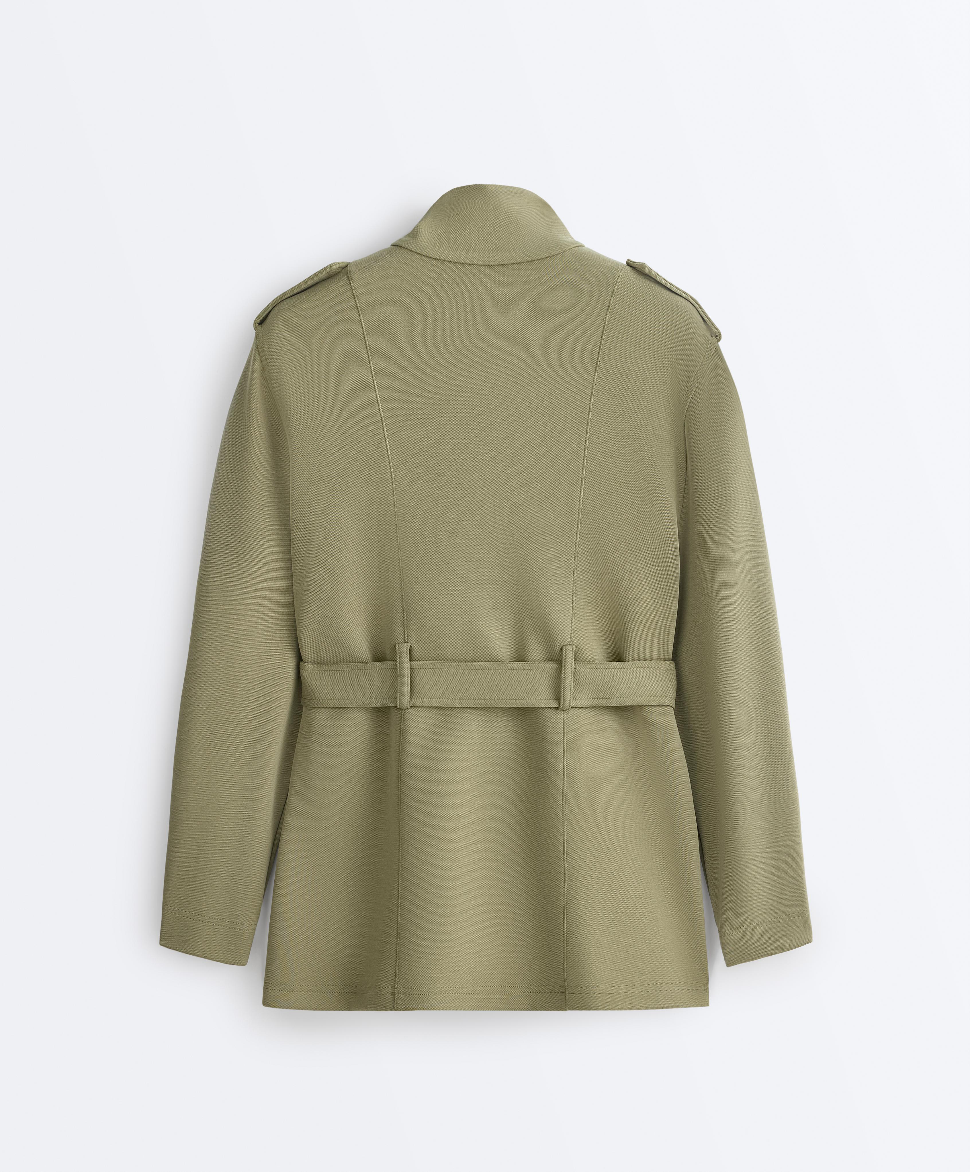 Long utility pique jacket with belt — YELLOW GREEN