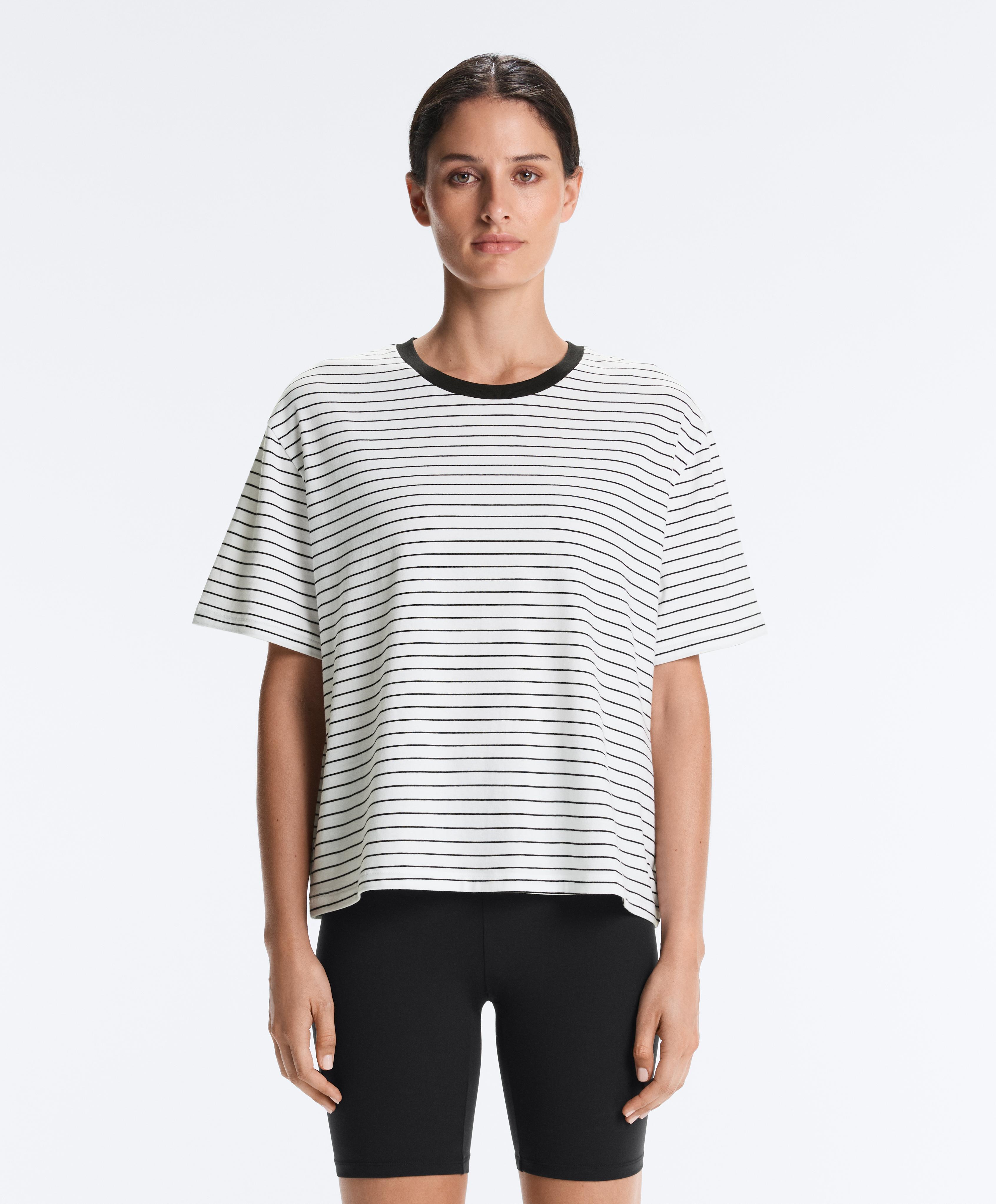 Boxy short-sleeved striped cotton blend T-shirt — WHITE