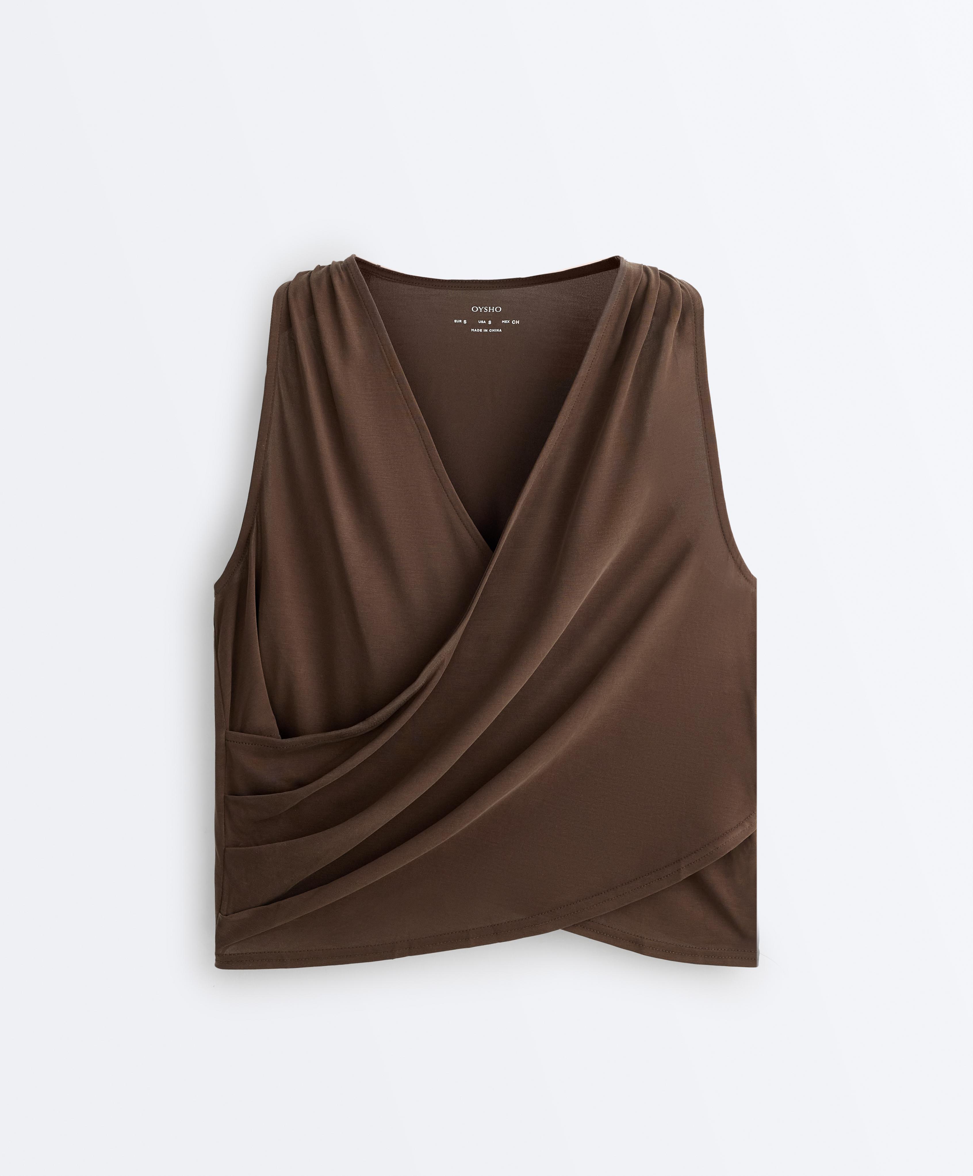 Modal blend crossover sleeveless T-shirt — DARK BROWN