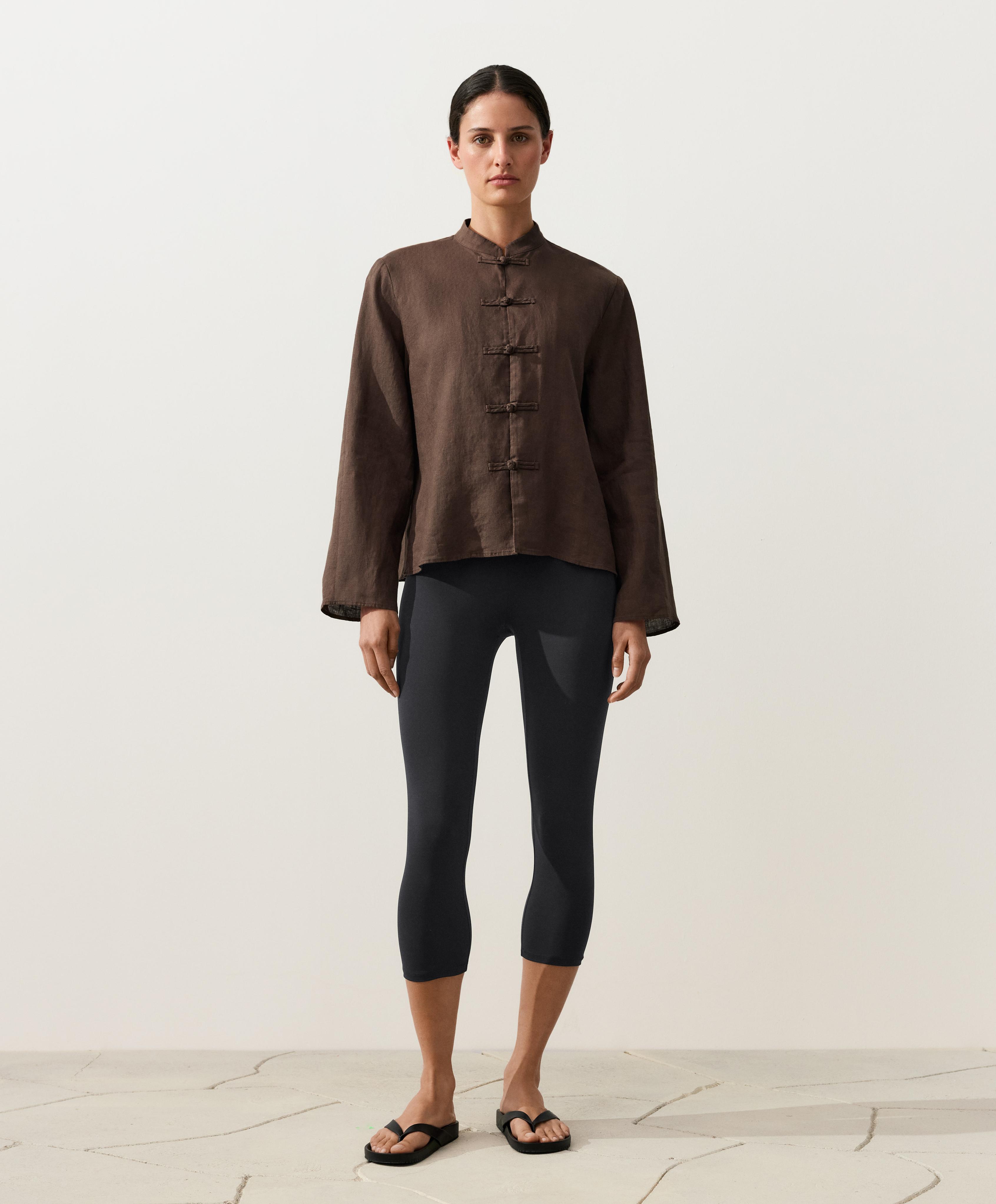 中山领纯亚麻纽扣衬衫