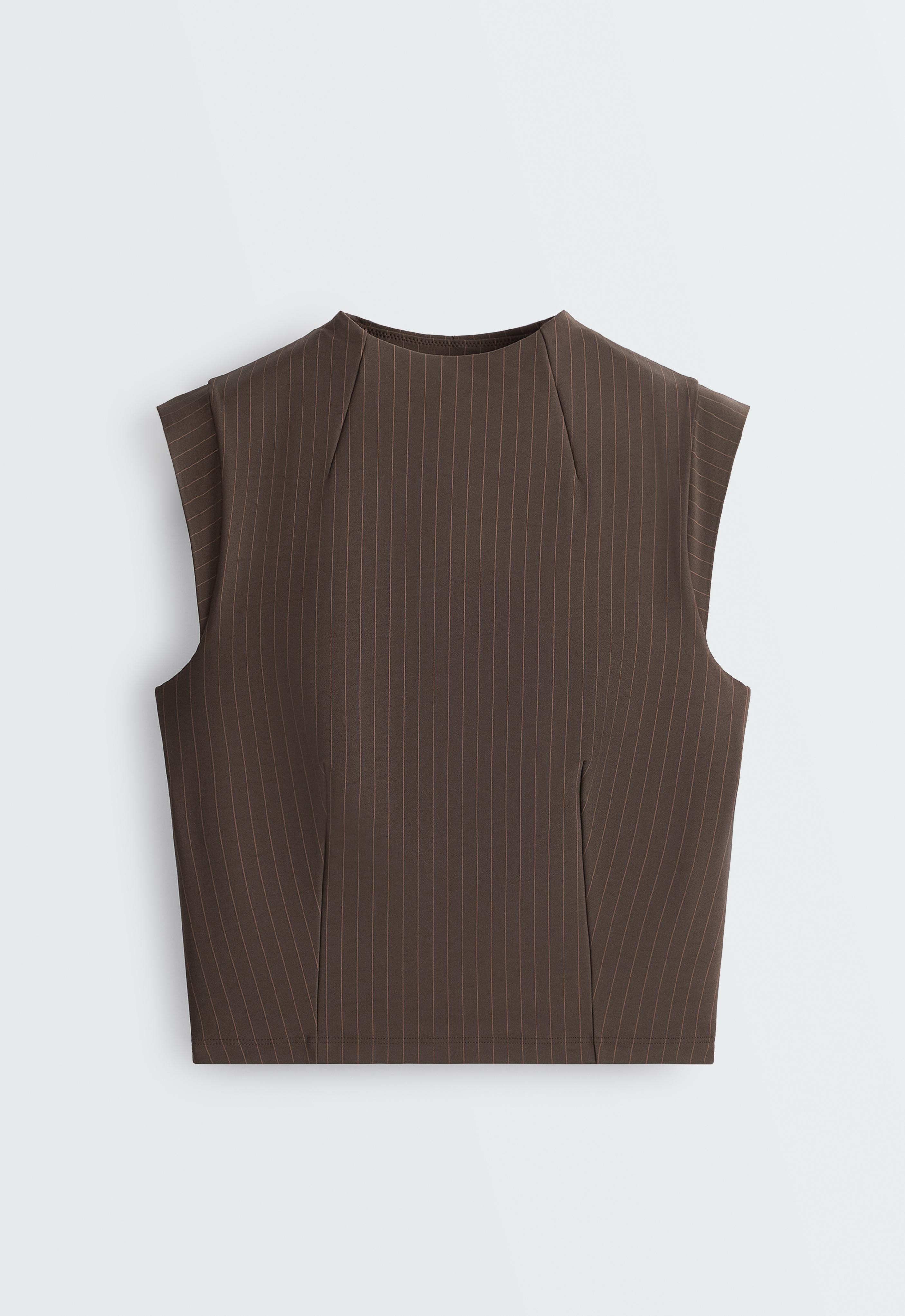 Compressive short-sleeved pinstripe tank top — BROWN