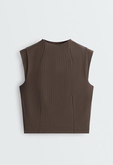 Compressive short-sleeve pinstripe tank top — BROWN 6
