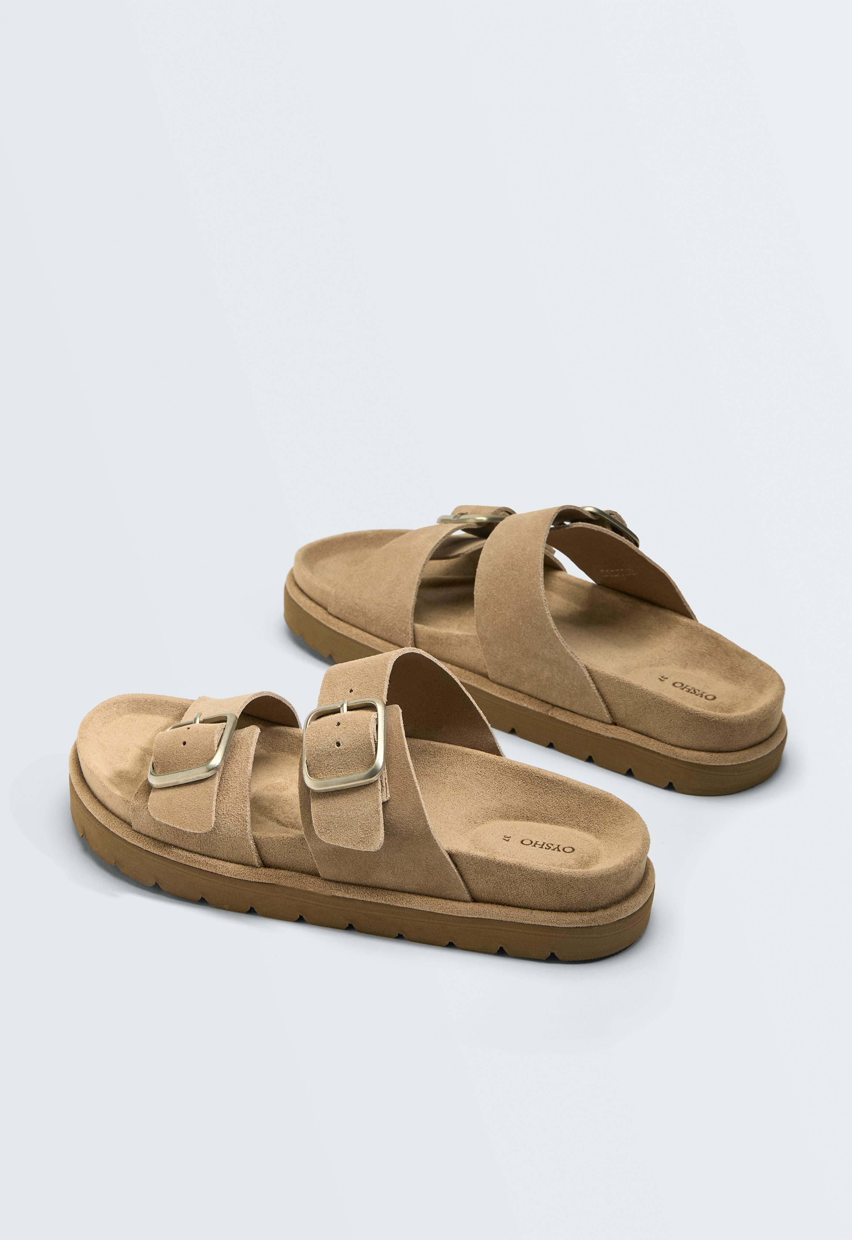 Buckle split-leather platform sandals — TOASTED BROWN