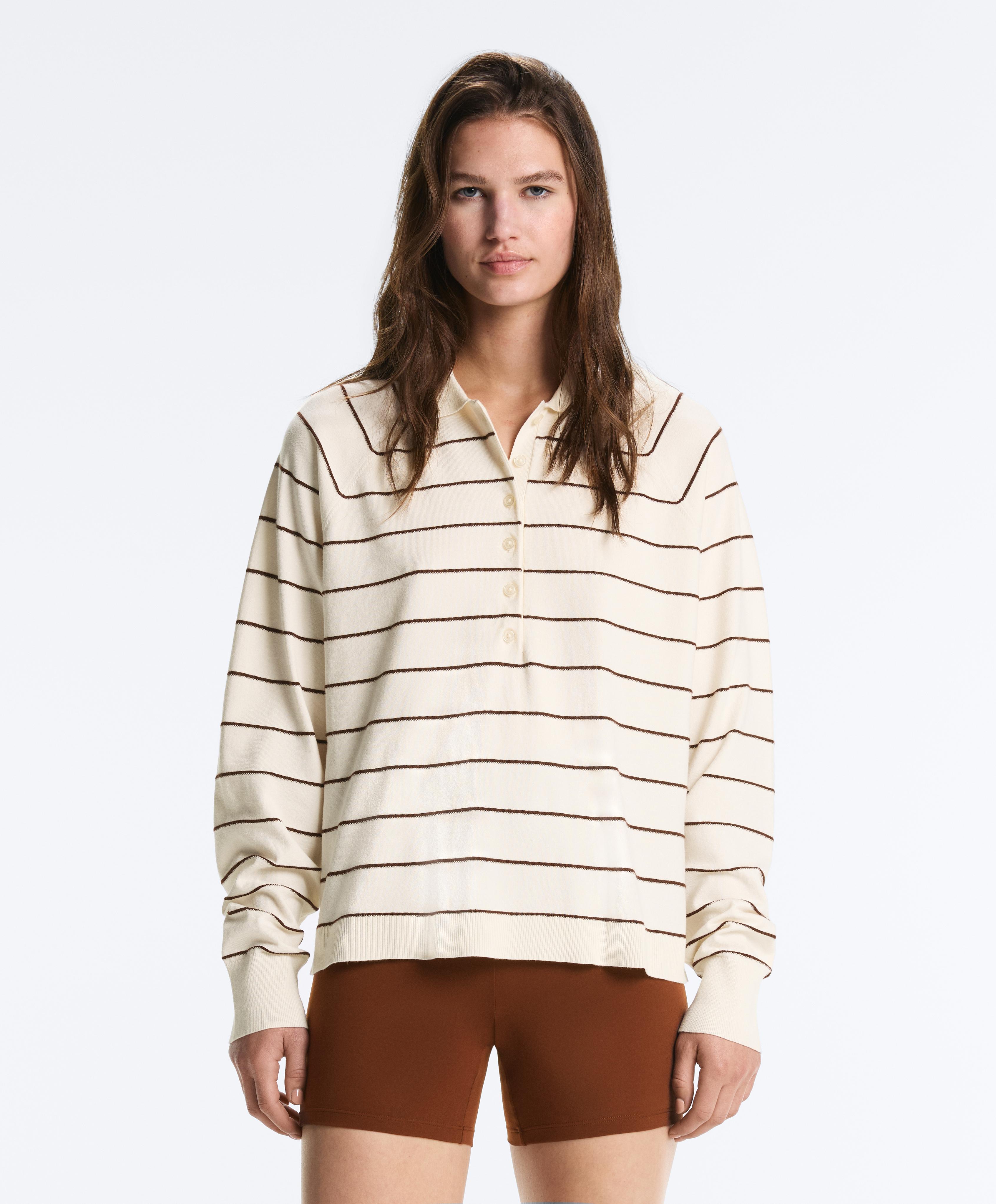 Striped long-sleeve polo shirt — PALE ECRU