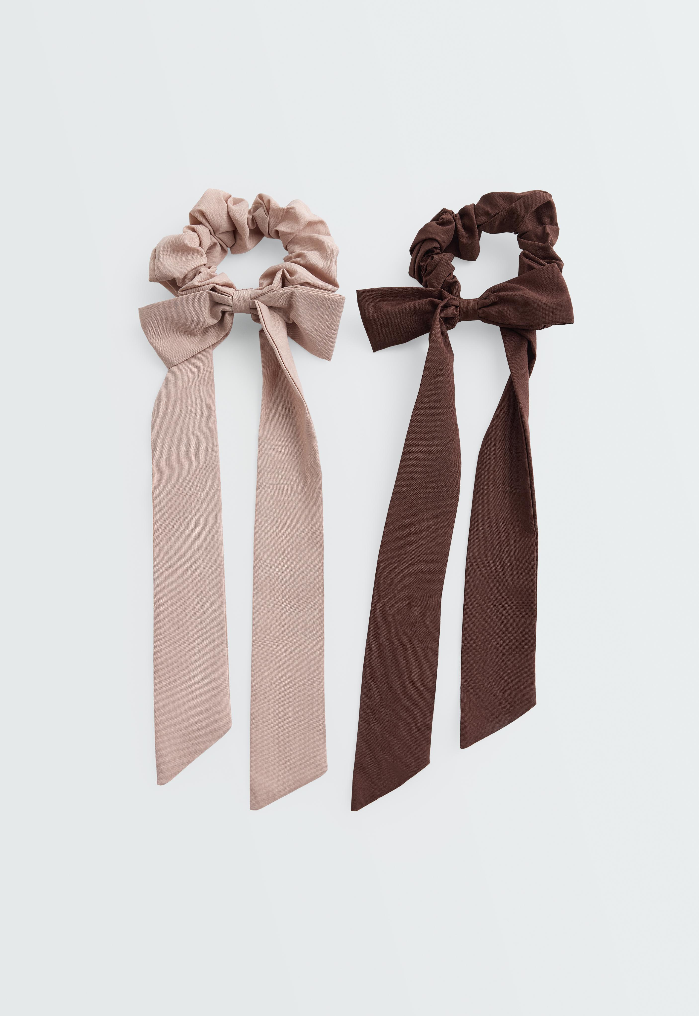 2 long bow hair scrunchies — TAN