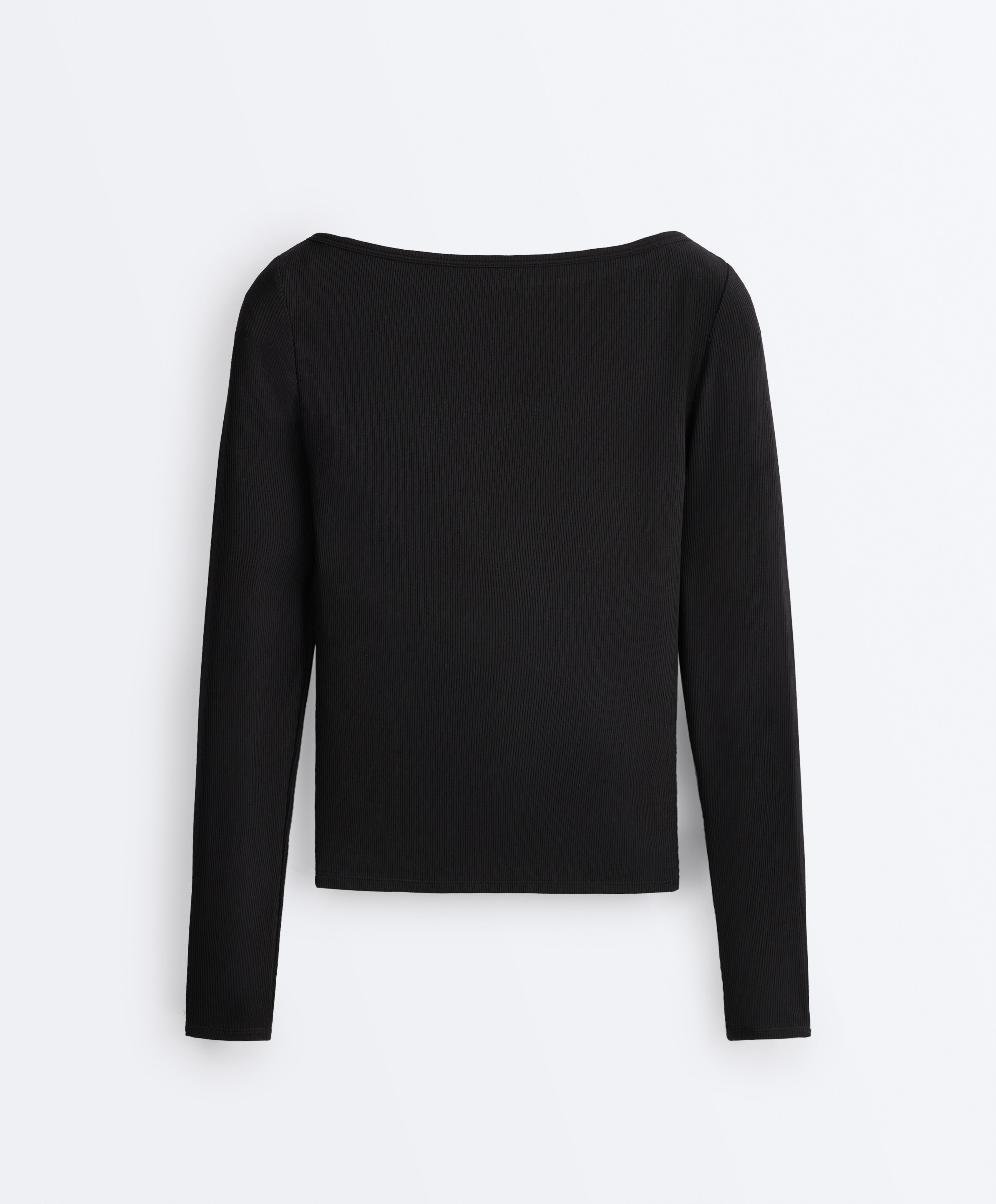 Rib modal blend boat neck T-shirt — BLACK
