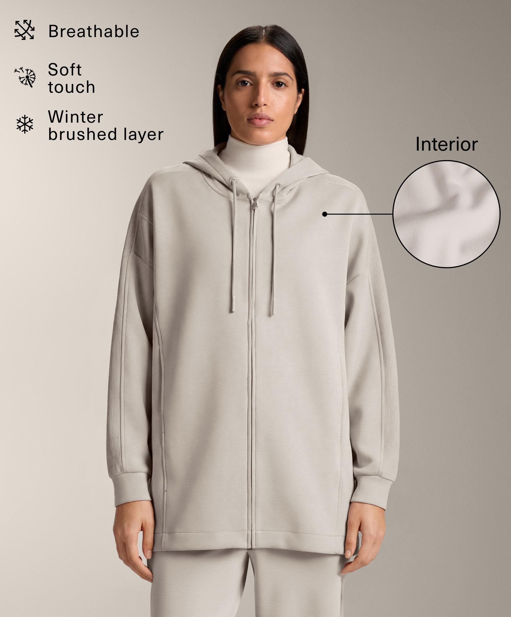 Long hooded jacket with rib details and brushed modal