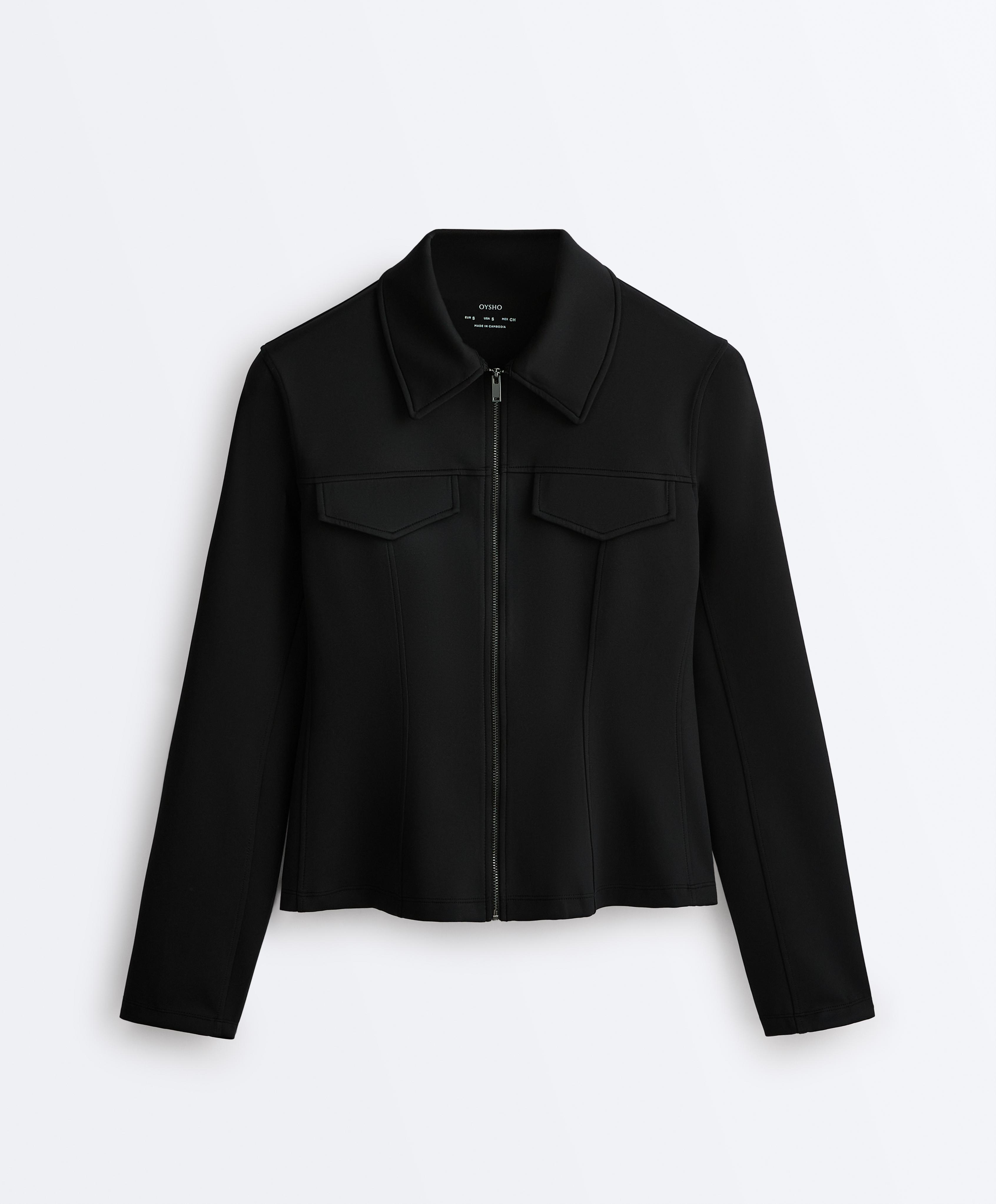 Neoprene-effect peplum jacket with ribbing — BLACK