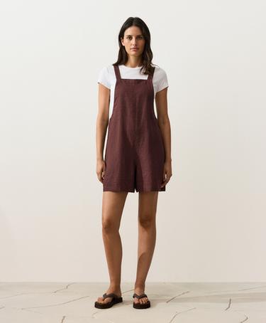 Short strappy 100% linen jumpsuit — CHOCOLATE 2