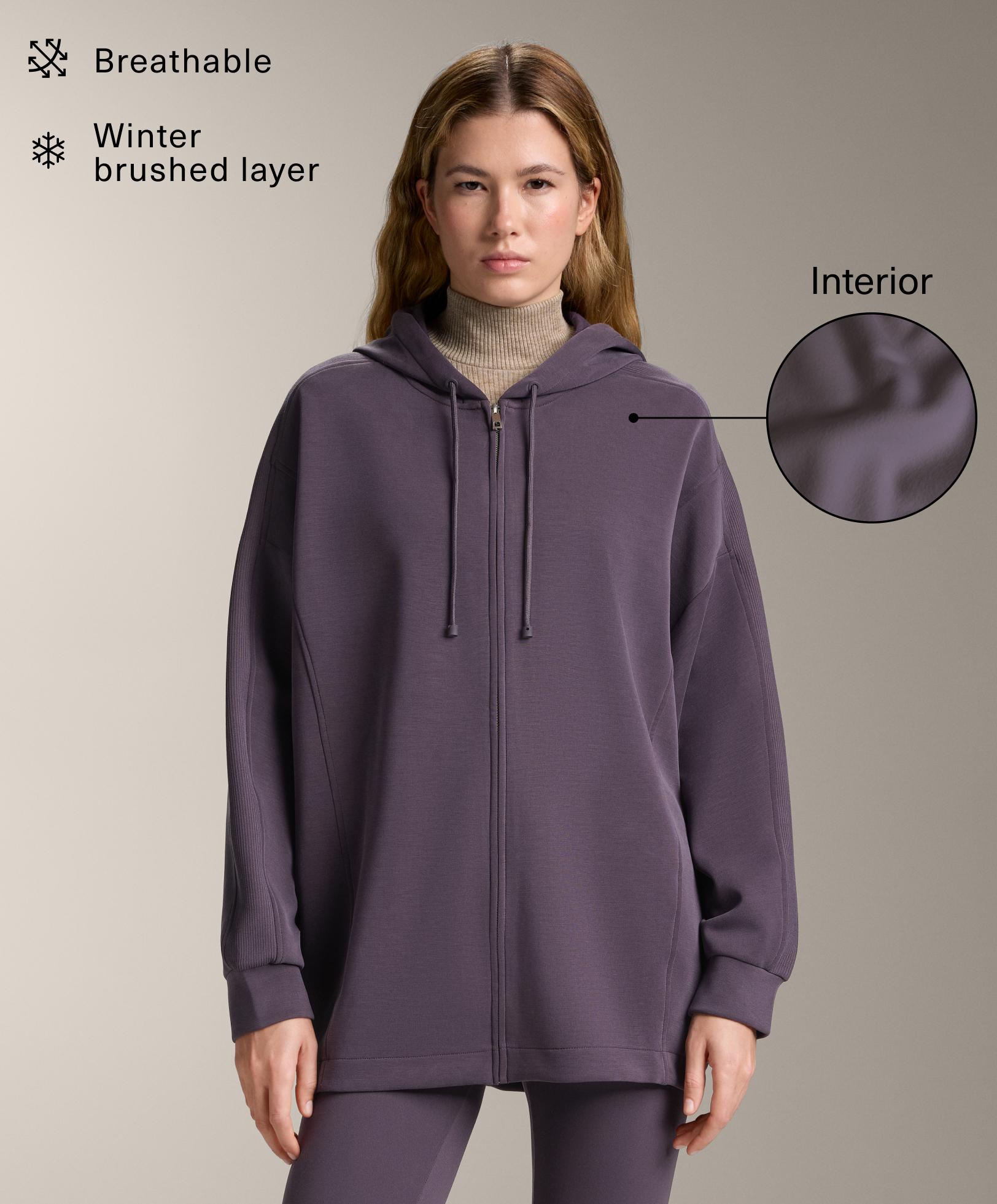 Long hooded jacket with rib details and brushed modal