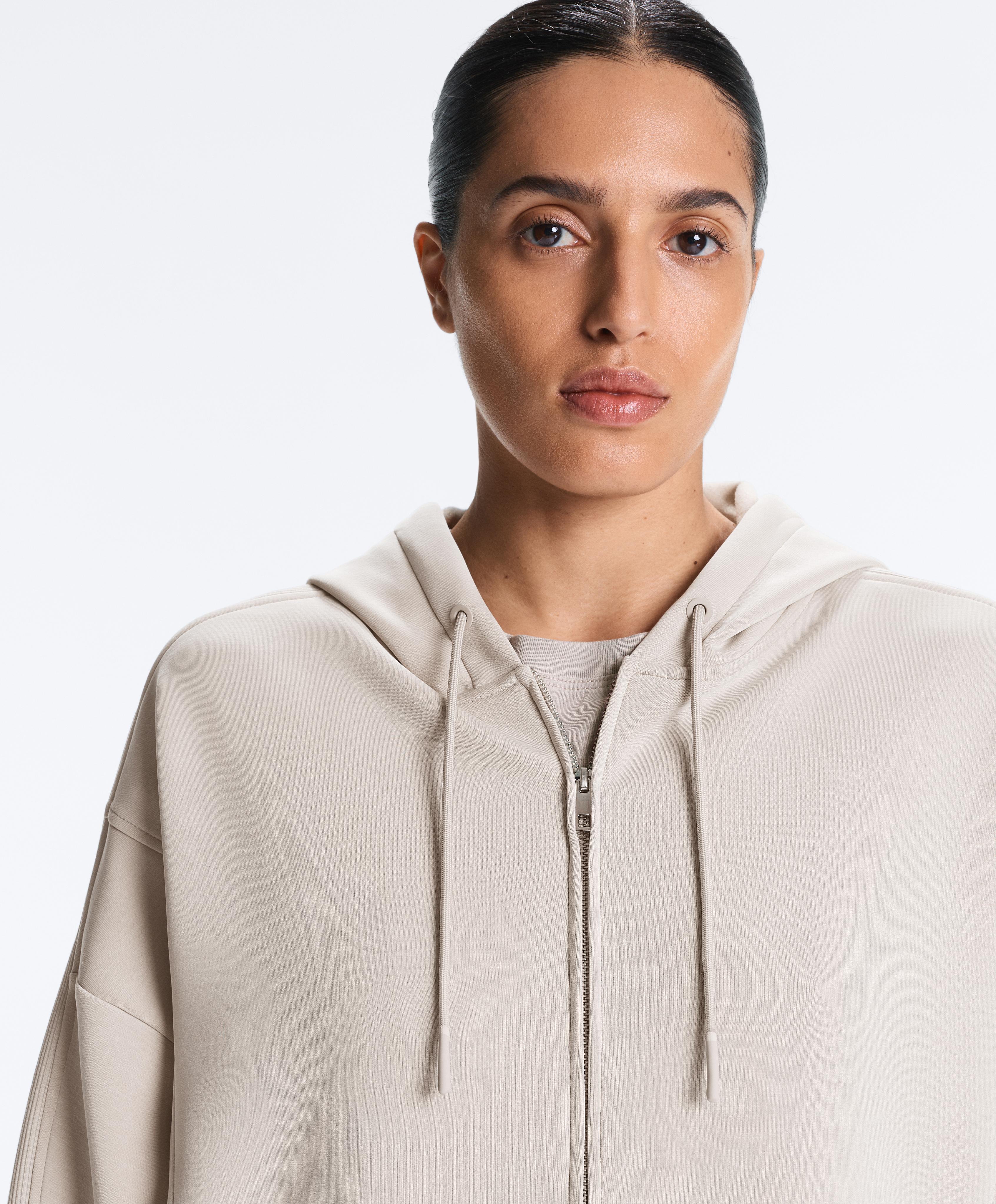 Long hooded jacket with rib details and brushed modal — TAUPE
