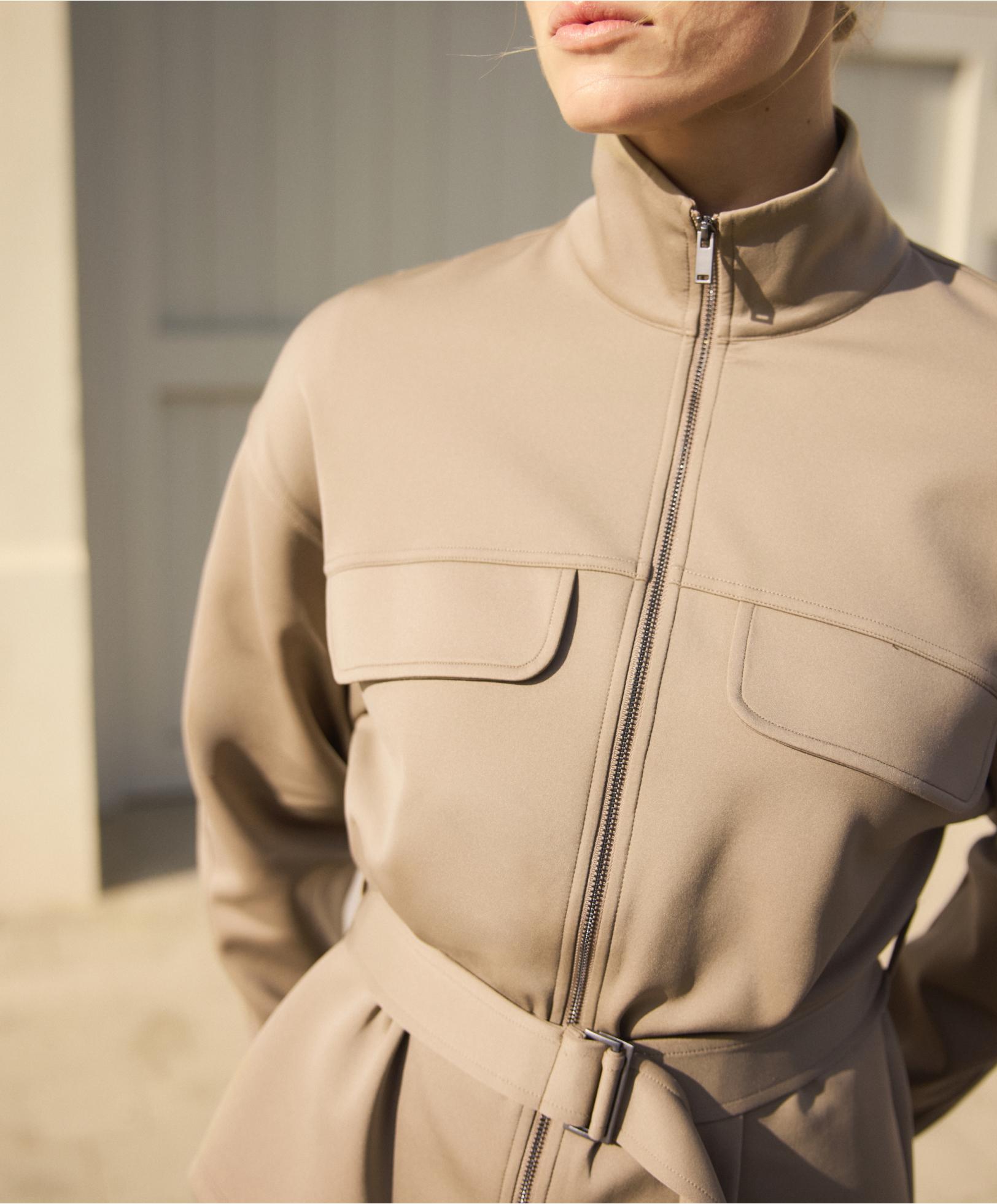 Neoprene-effect belted jacket