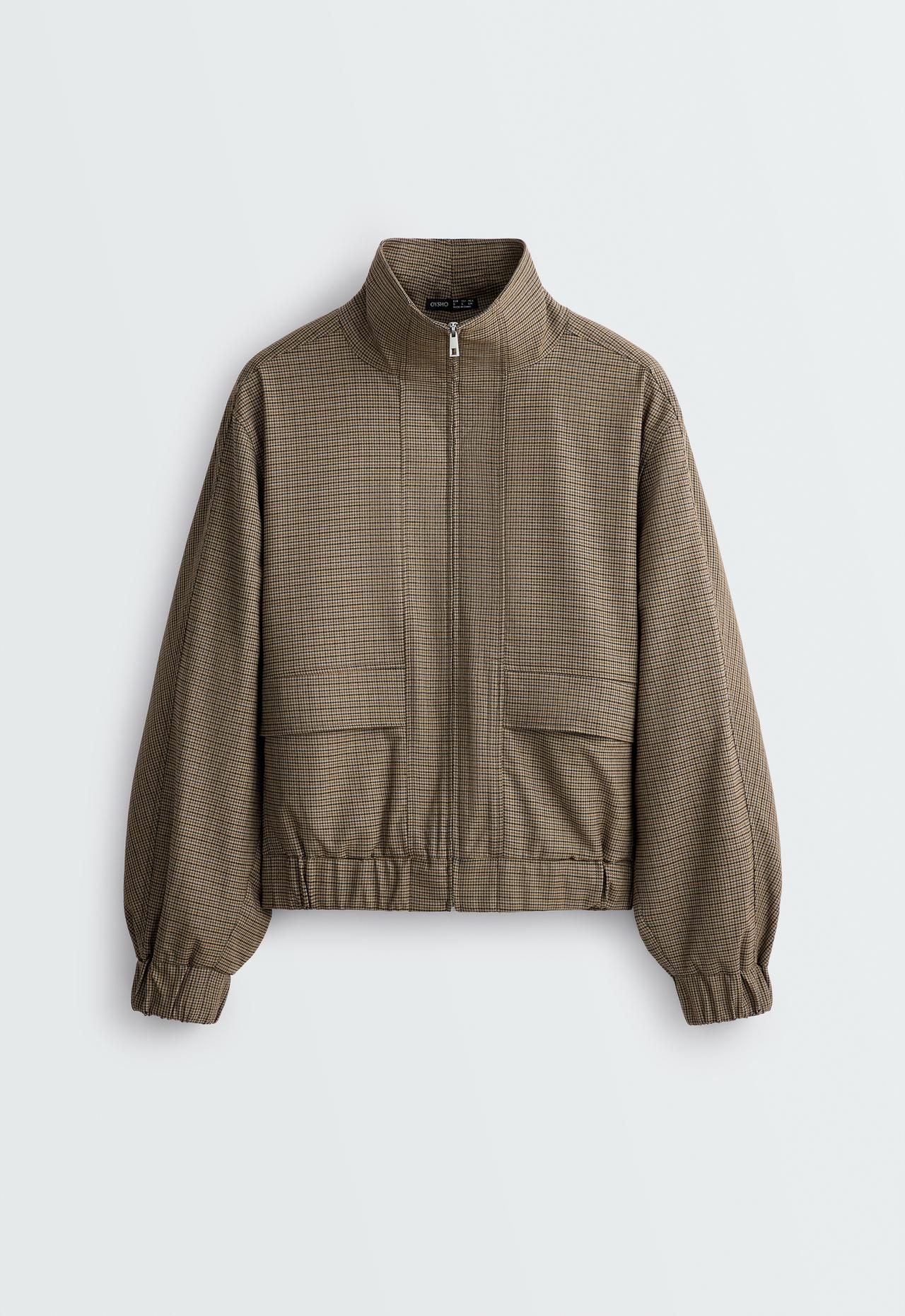Houndstooth high-neck jacket — BROWN MELANGE