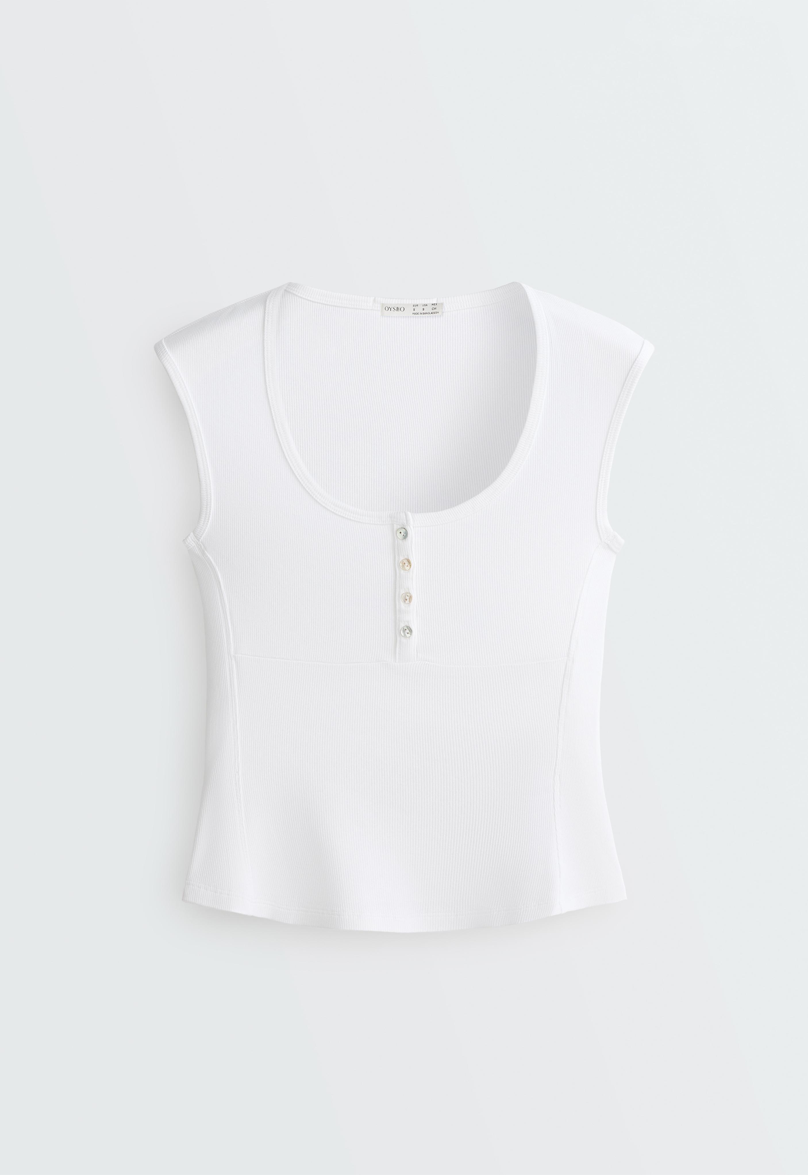 Sleeveless rib T-shirt with cotton and modal buttons — WHITE