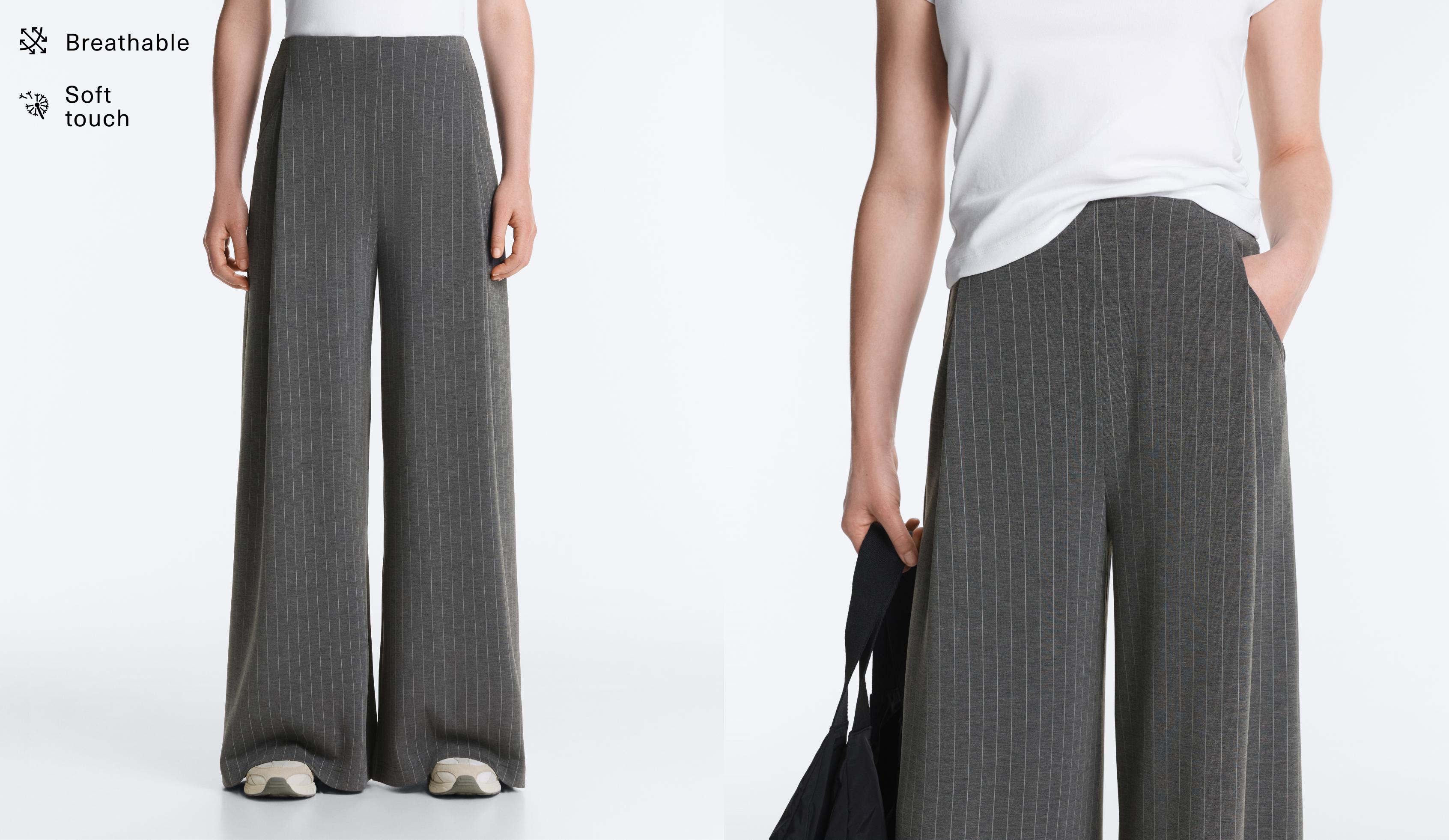Soft-touch modal pinstripe wide-leg trousers — DARK GREY