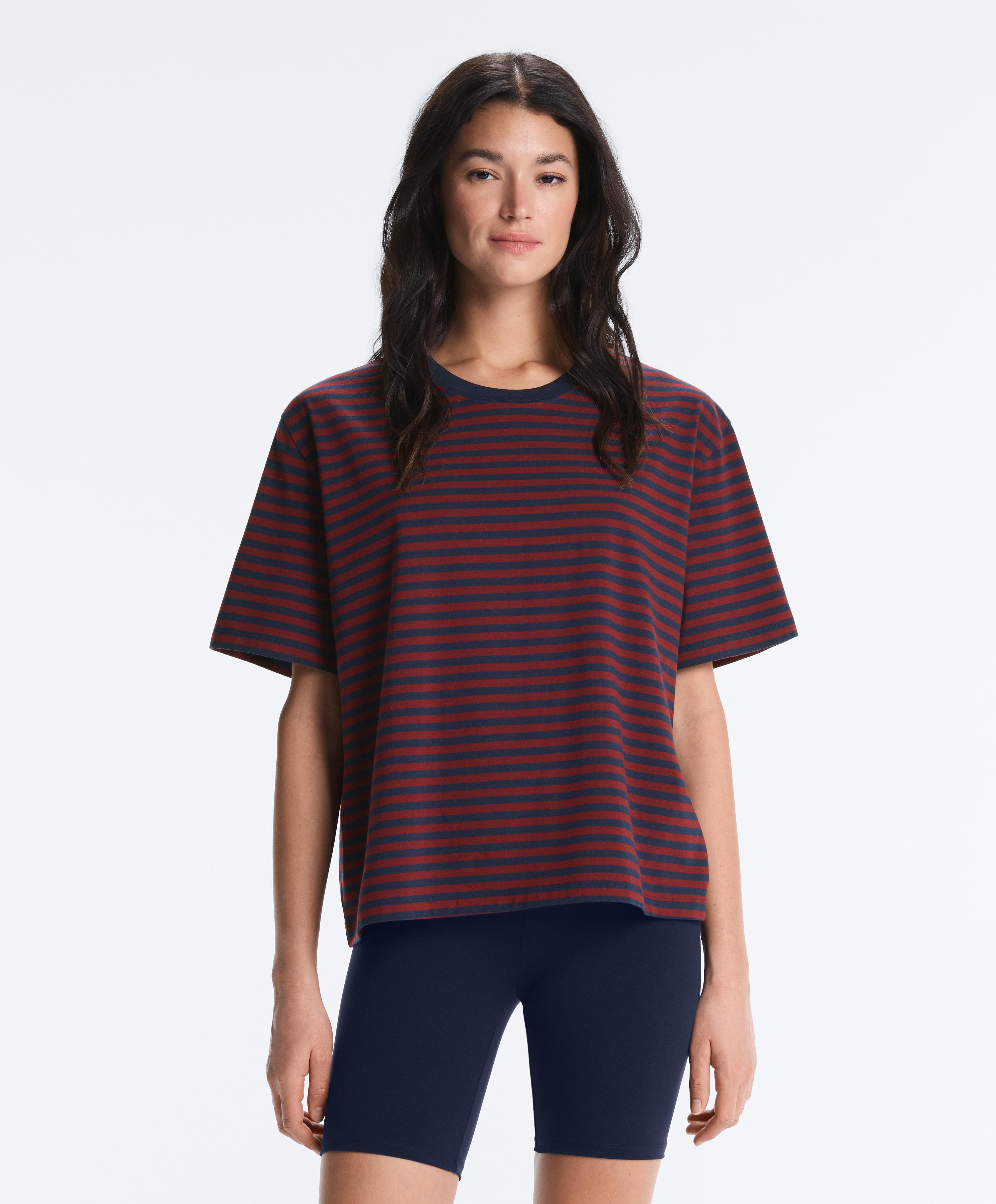 Boxy short sleeve striped cotton blend T-shirt — BRIGHT RED