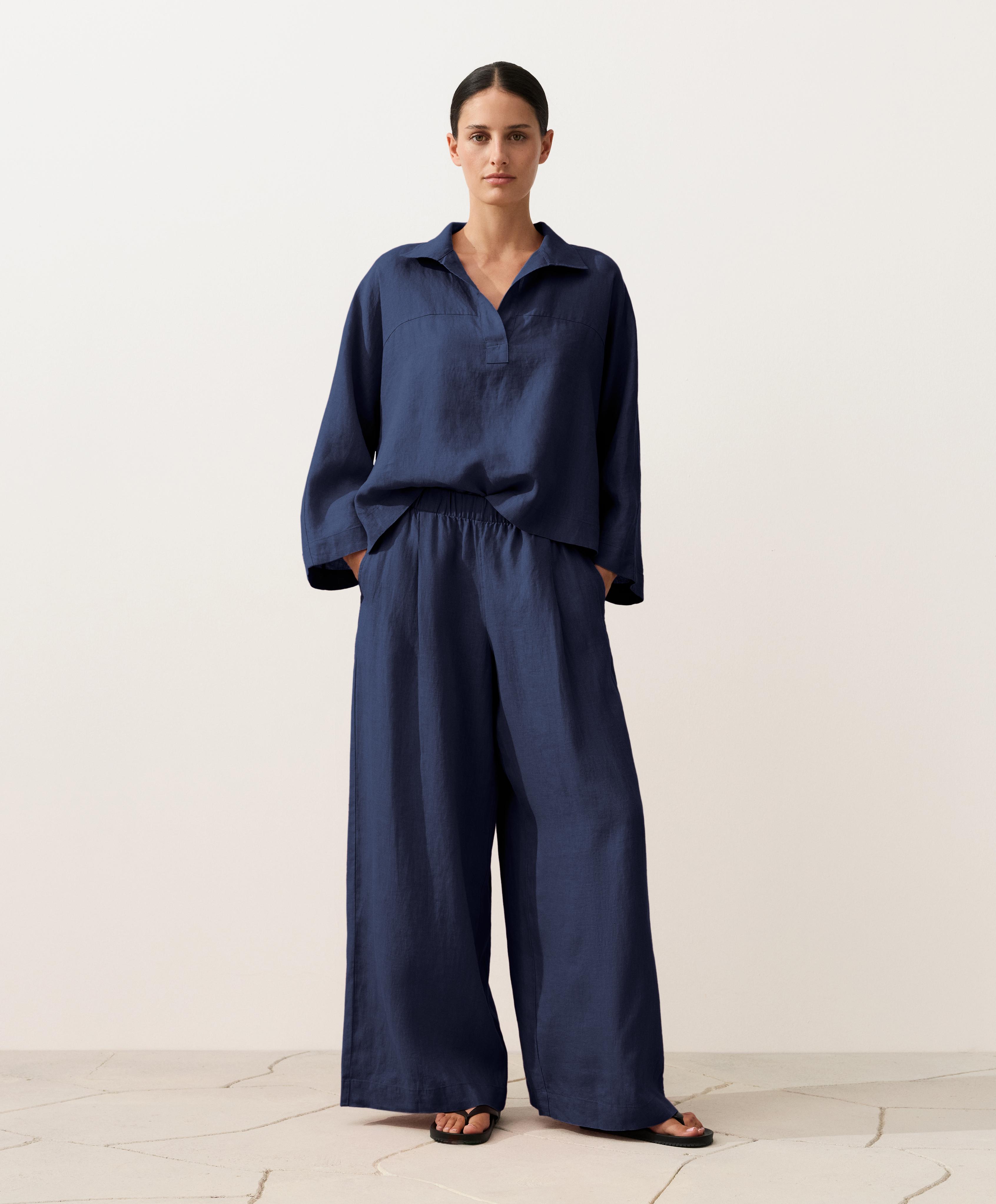 100% linen wide-leg trousers — NAVY