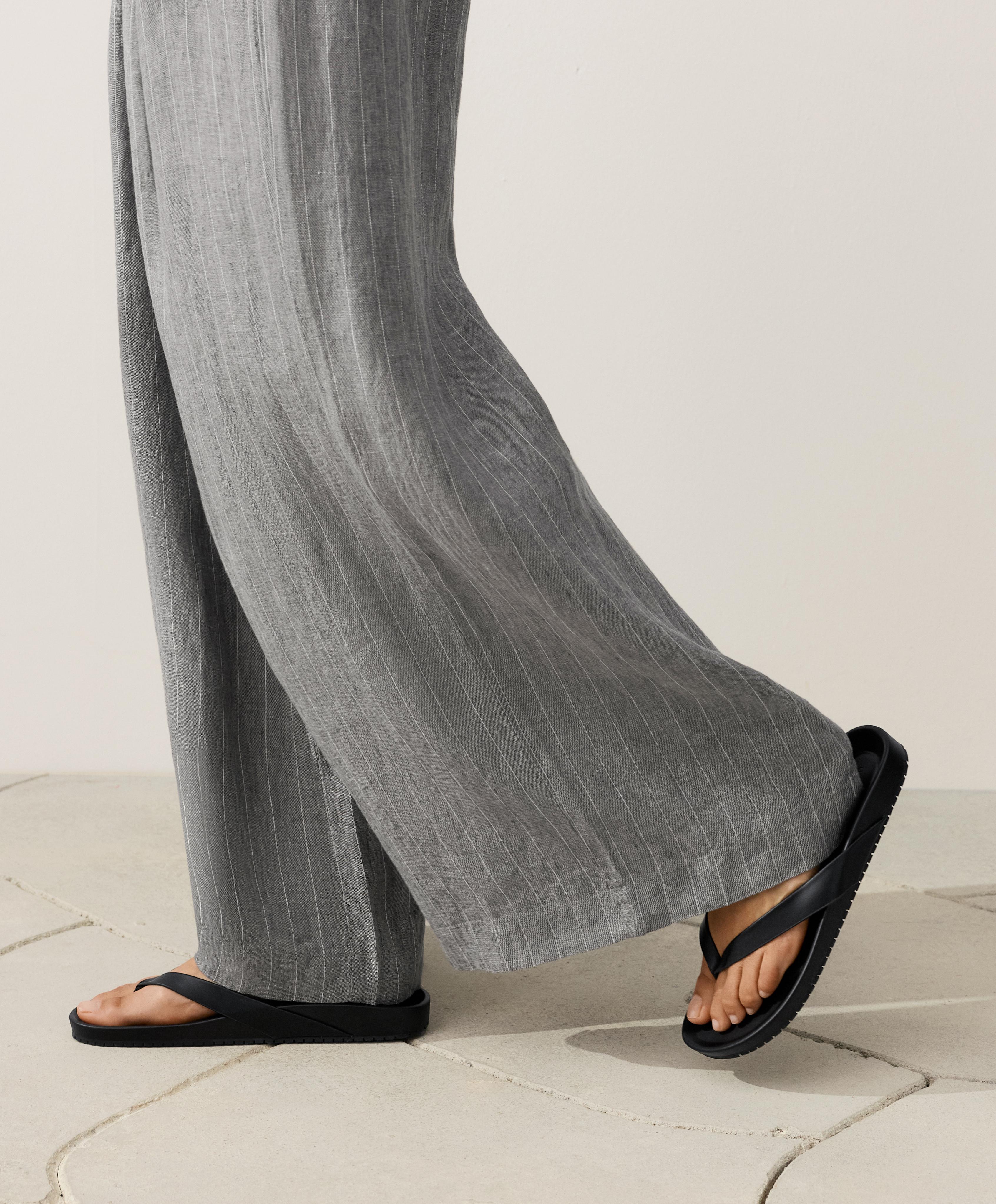 100% linen wide-leg striped trousers — MID GREY