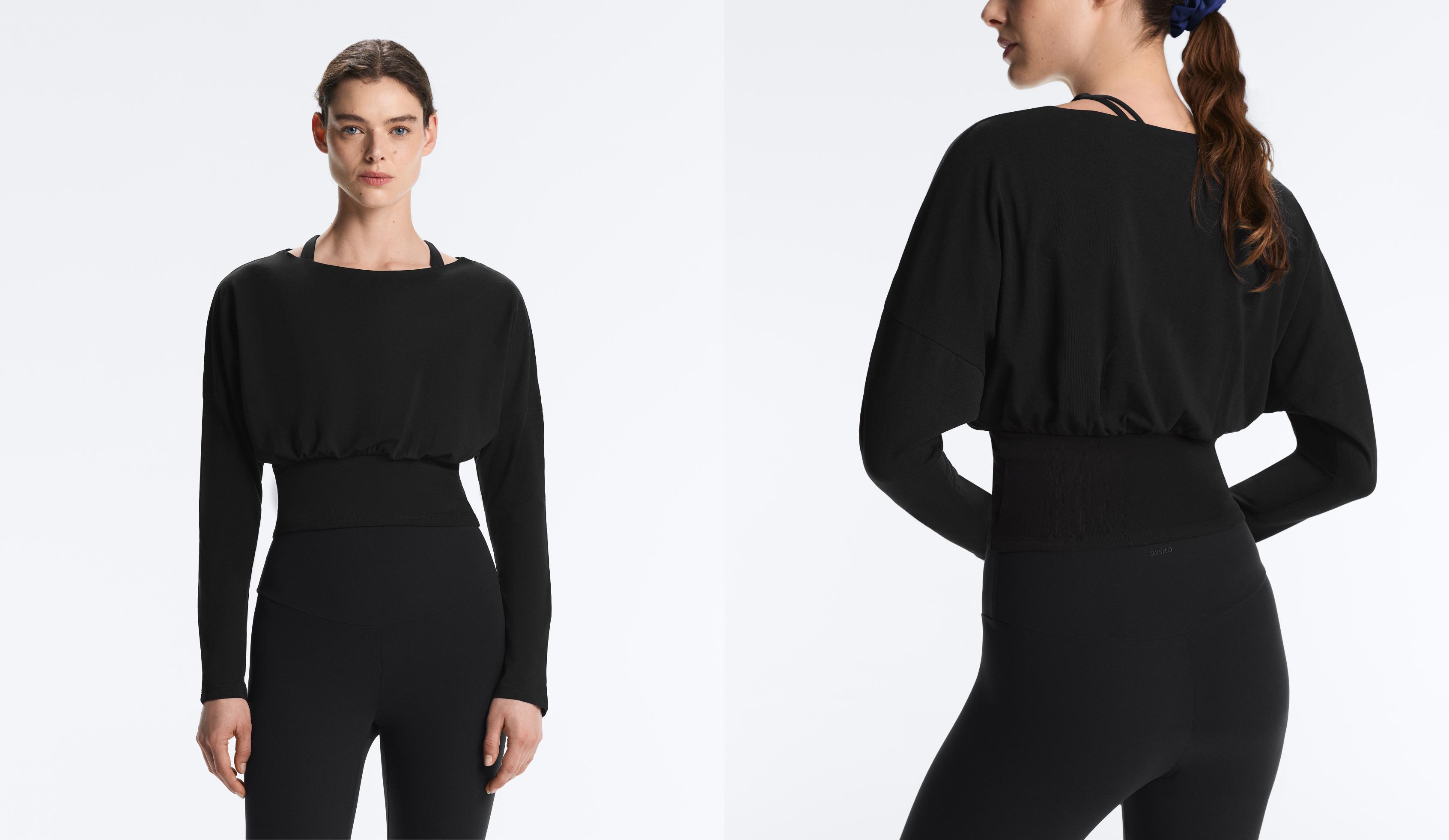 Fitted waist cotton blend T-shirt — BLACK