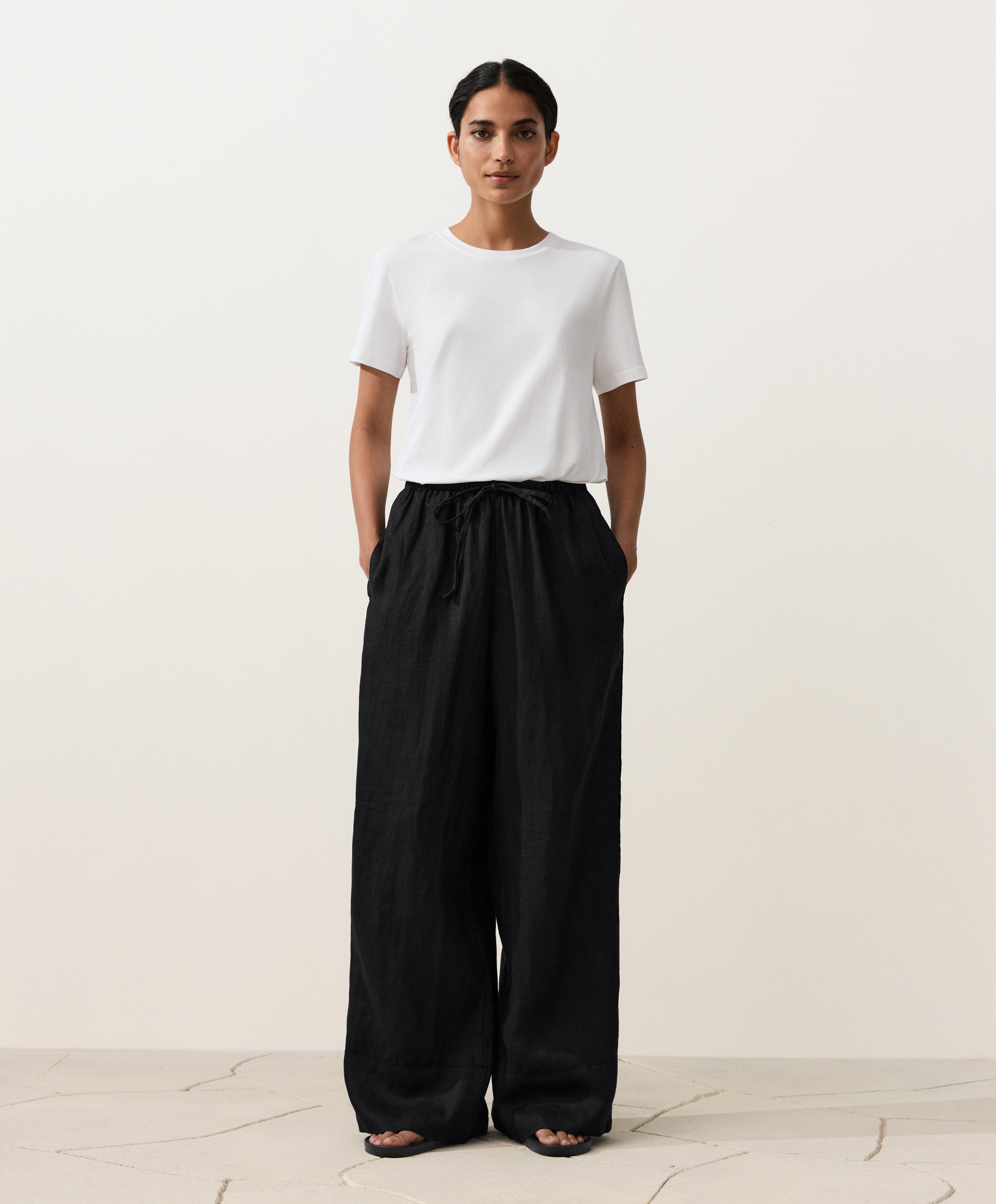 100% linen straight-leg trousers — BLACK