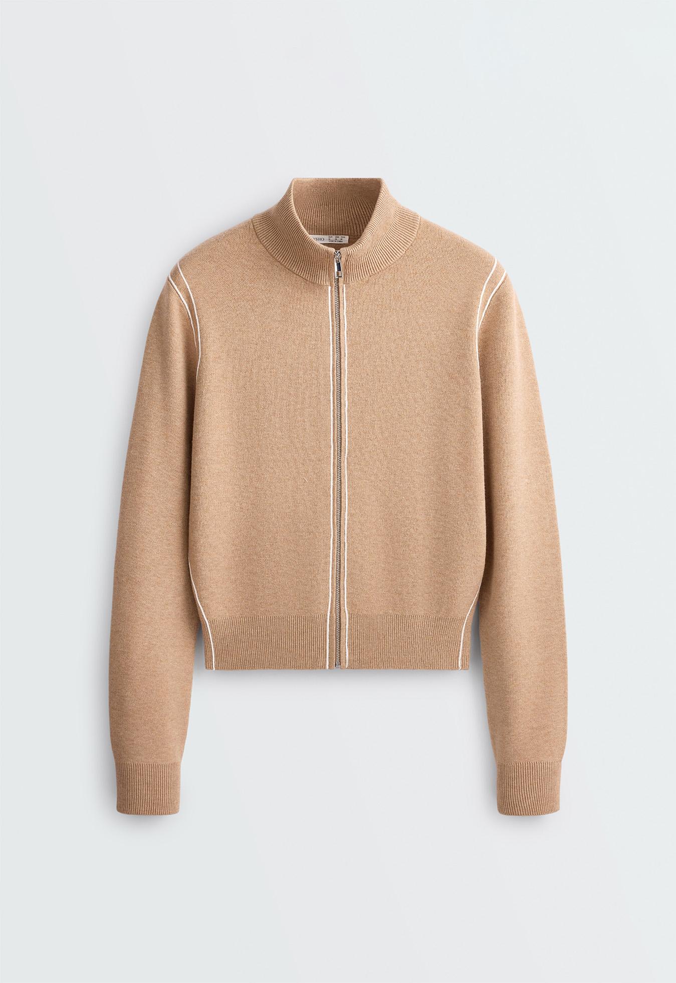 Contrast piping knit jacket — CAMEL
