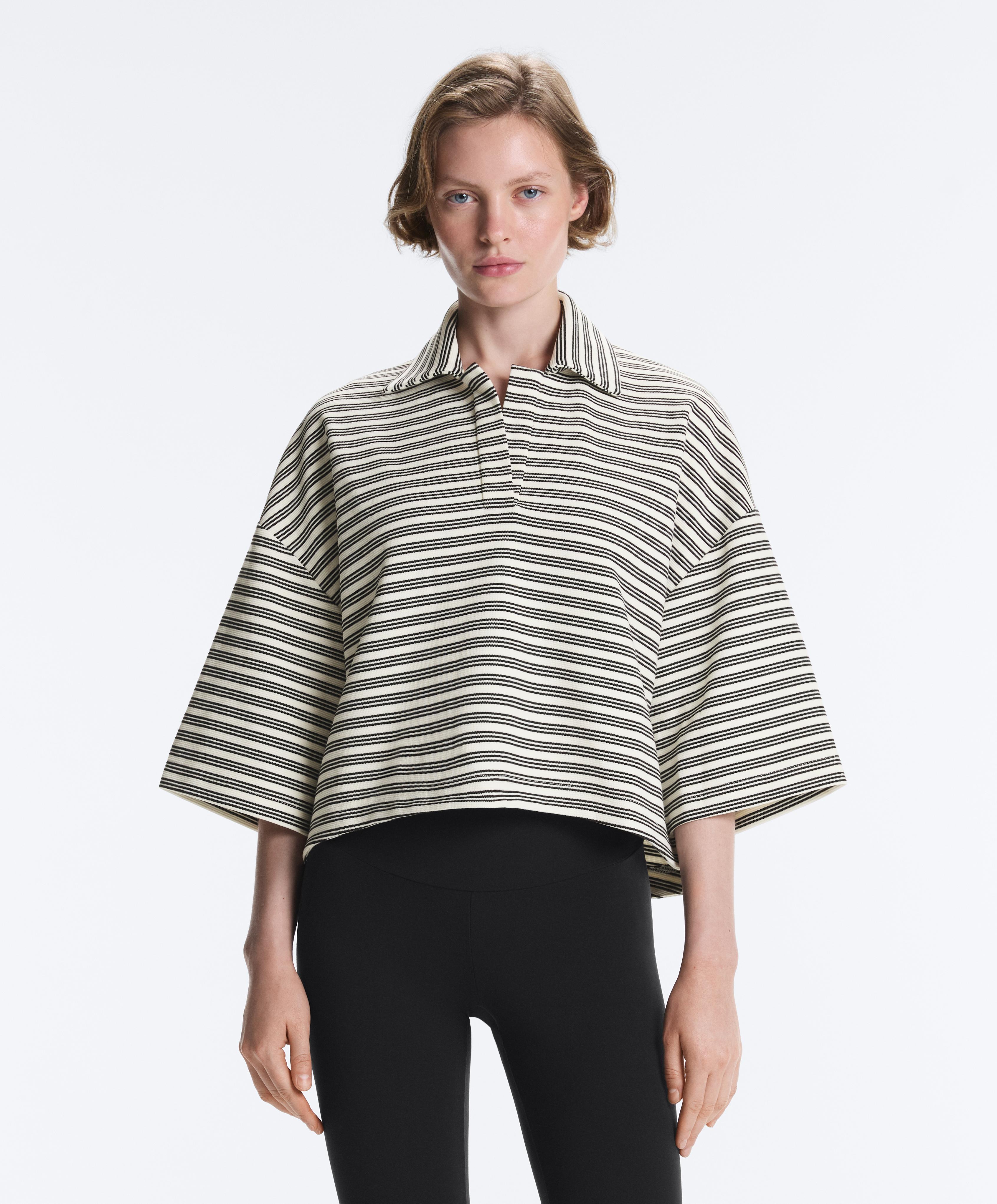 Relaxed striped cotton blend polo shirt — PALE ECRU