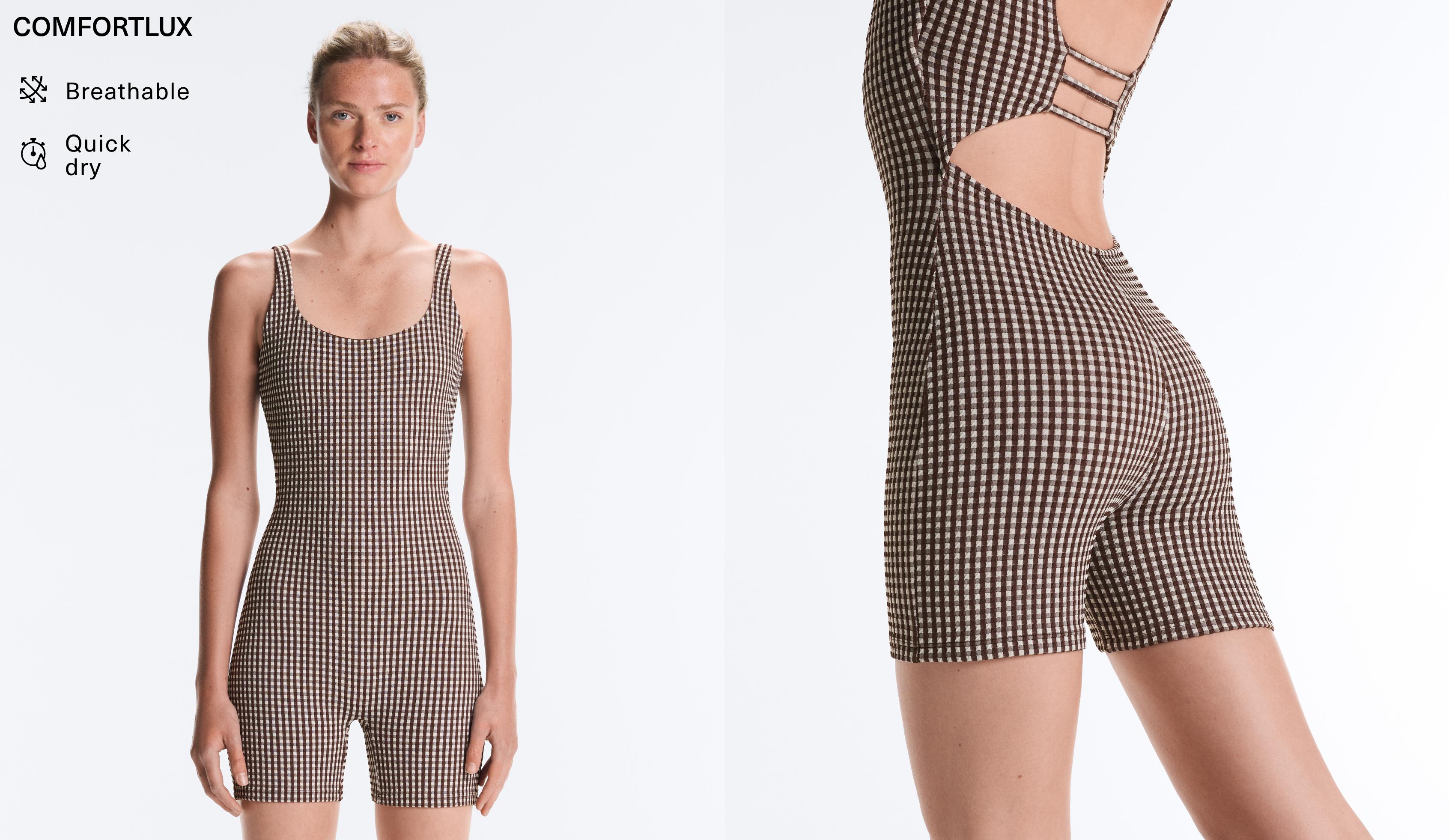 Comfortlux gingham short jumpsuit — DARK REDDISH‑BROWN
