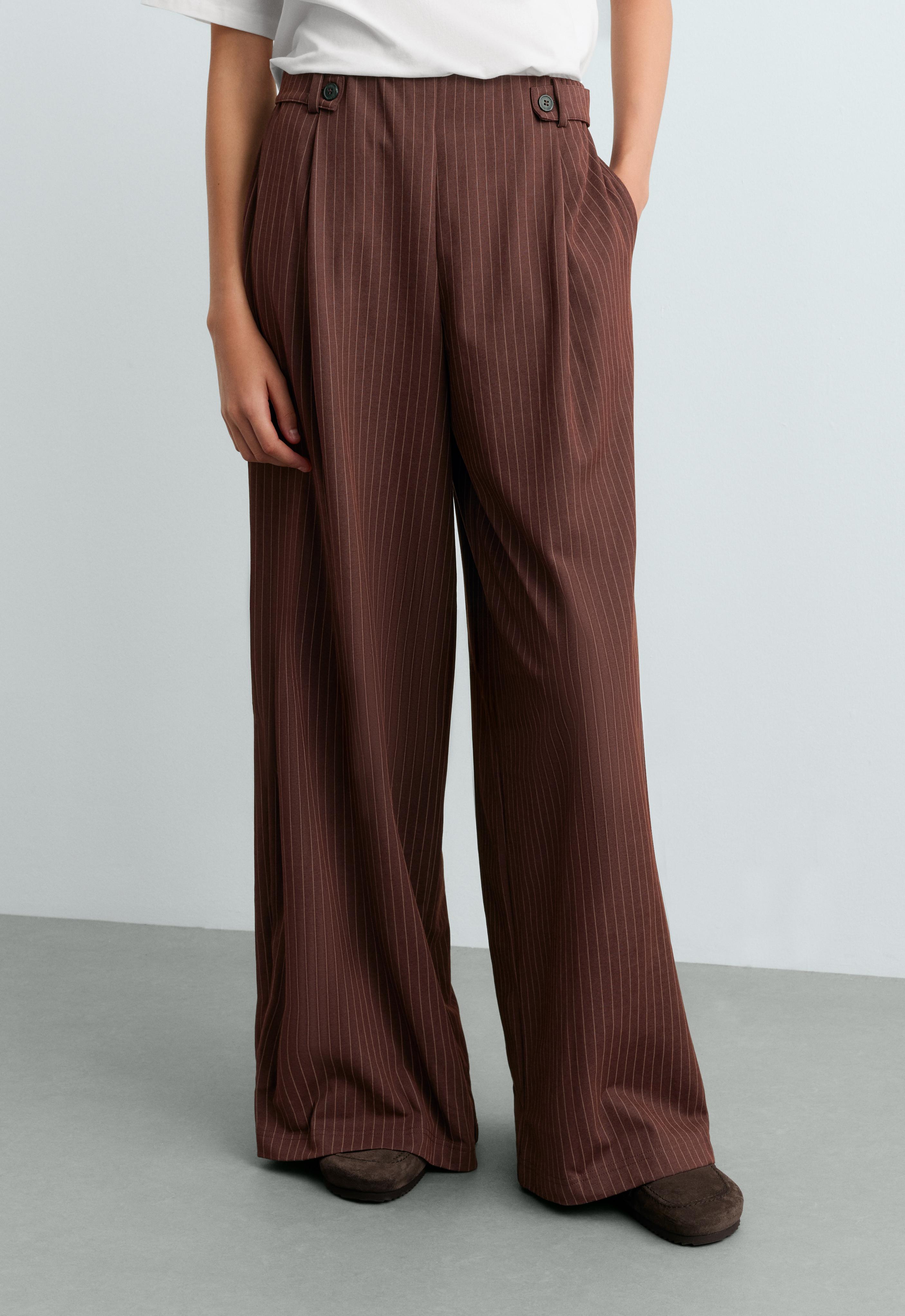 Wide-leg pinstripe piqué cotton crop trousers — CHOCOLATE