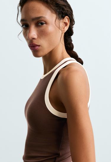 Colour-contrast rib modal blend long tank top — COCOA 4