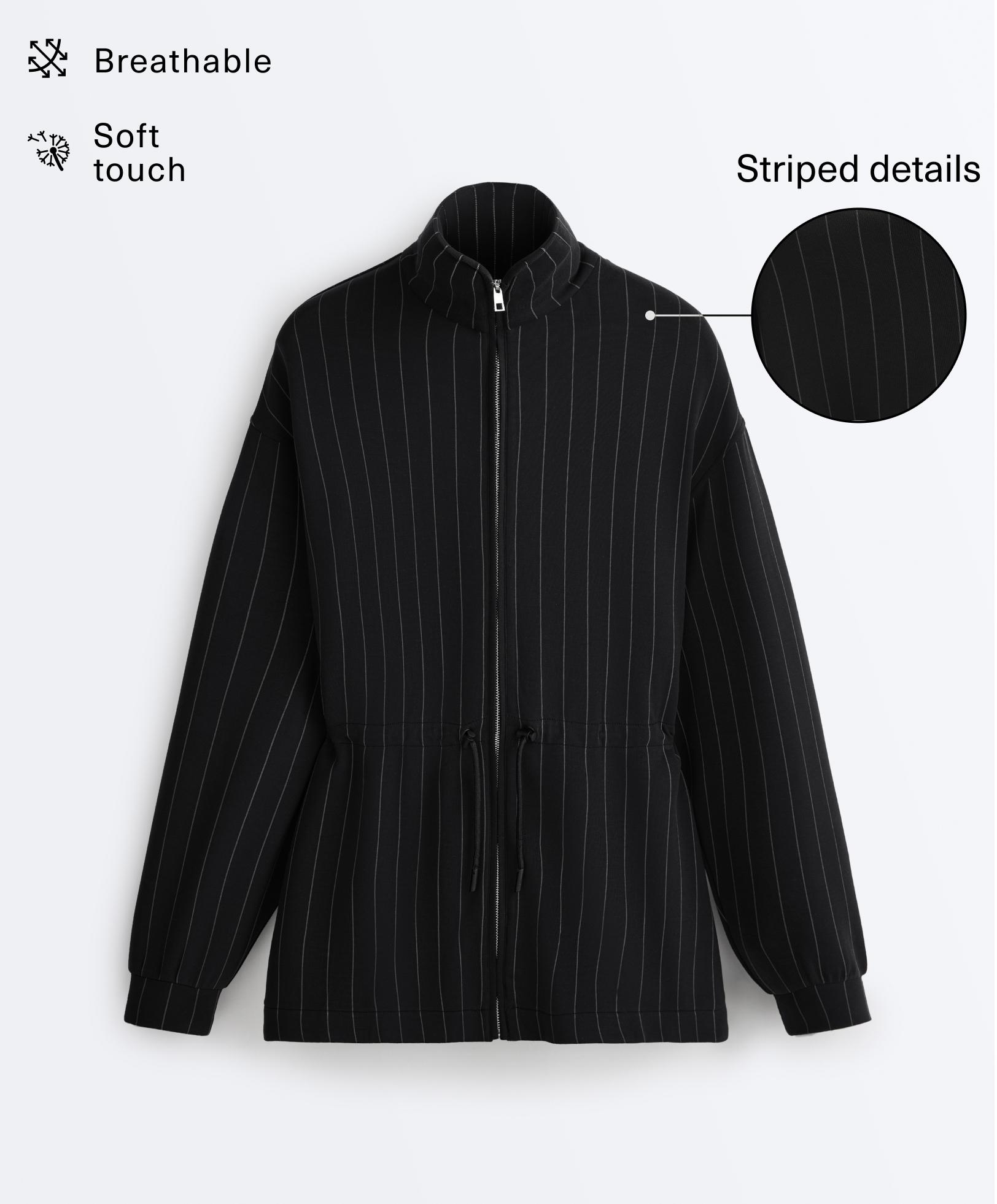 Long pinstripe jacket with adjustable waist and soft-touch modal — BLACK