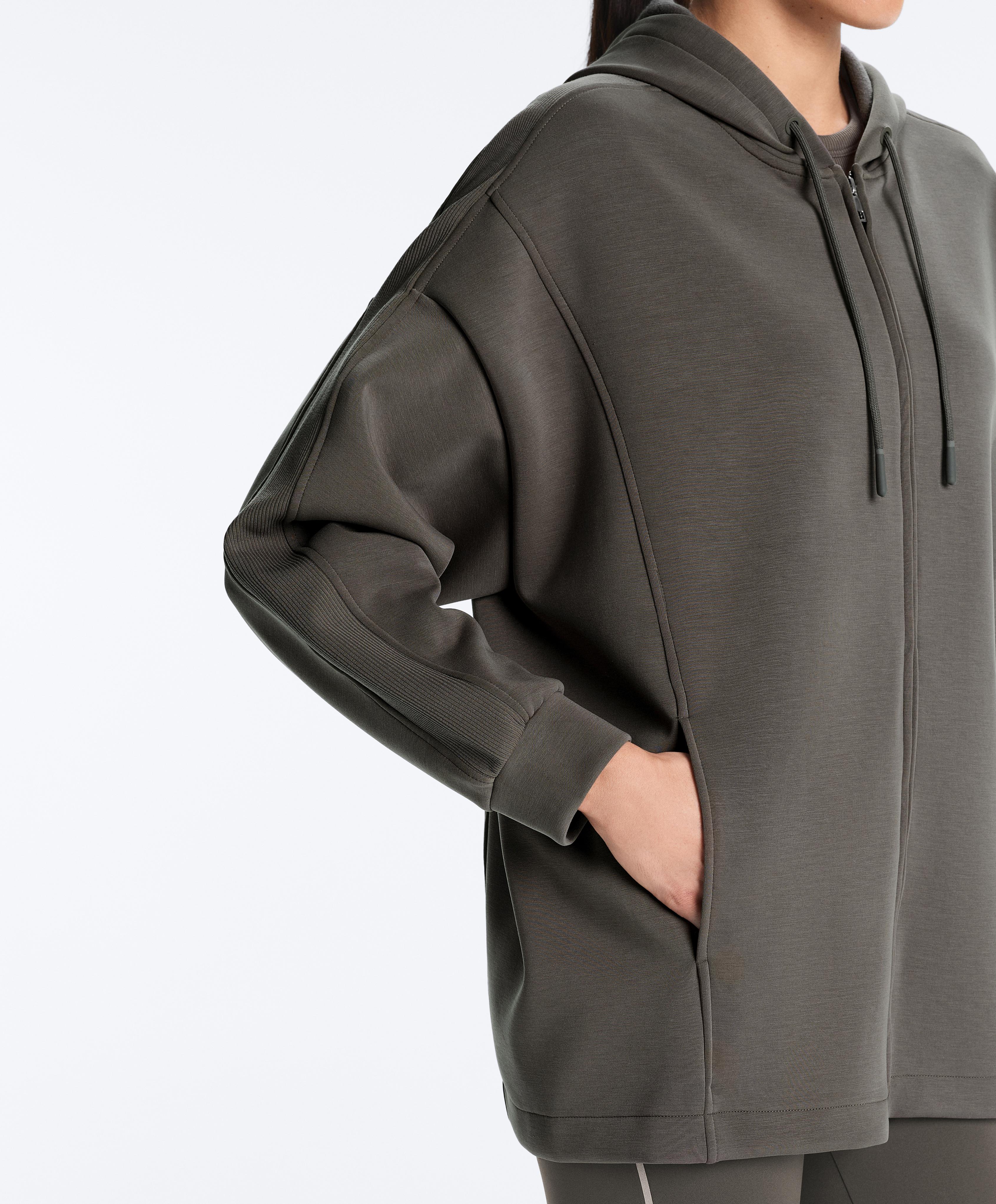 Long hooded jacket with rib details and brushed modal — CHARCOAL GREY