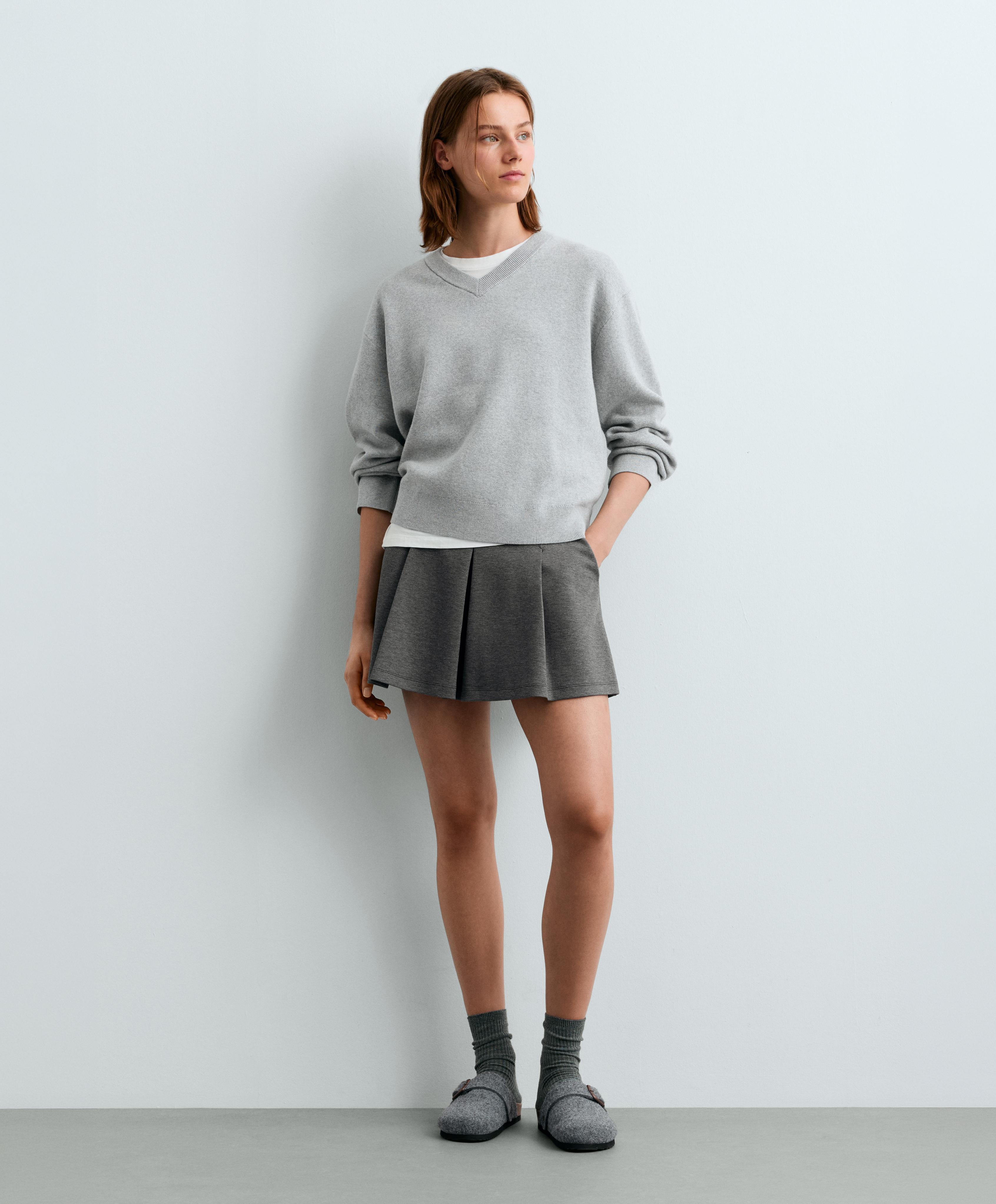 Short pleated piqué cotton skirt — GREY