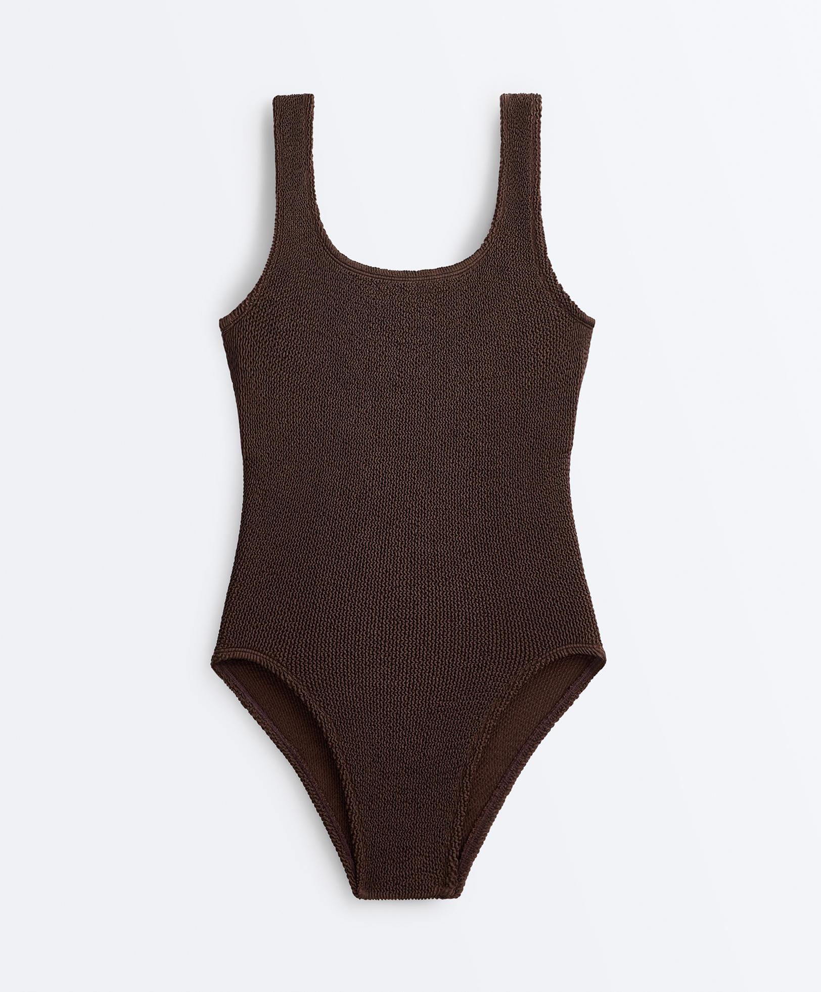 Crinkle round neck swimsuit — DARK BROWN