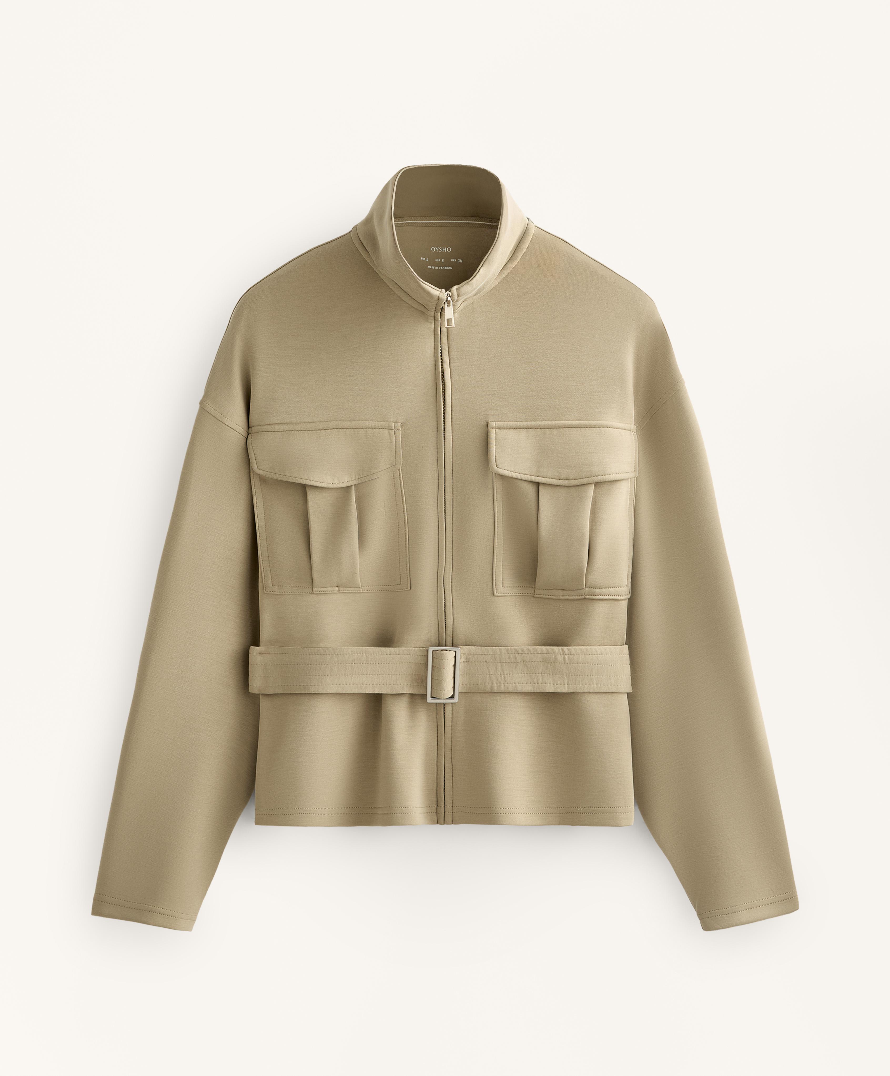 Soft-touch belted jacket with modal — GREEN BEIGE