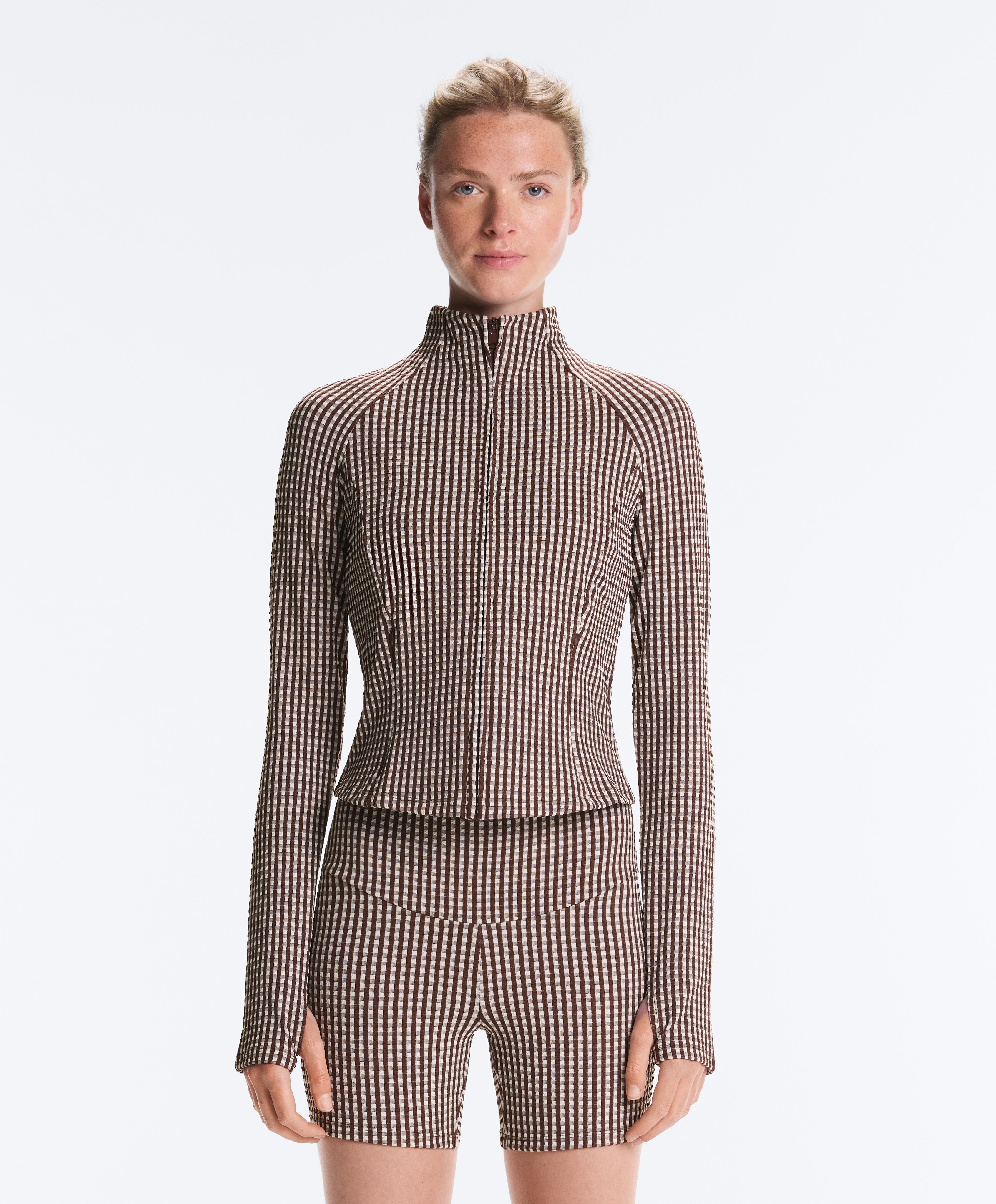 Gingham technical jacket — DARK REDDISH‑BROWN