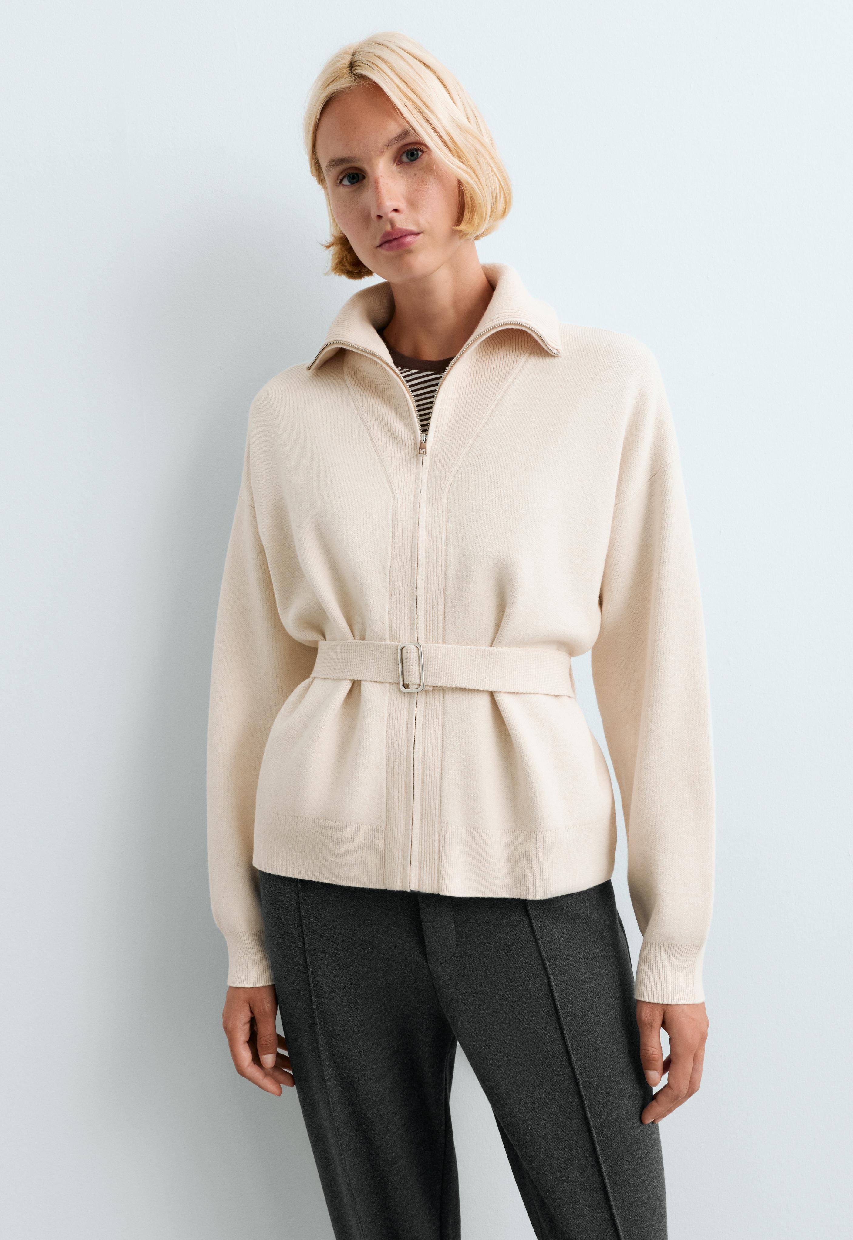 High-neck belted jacket — ECRU