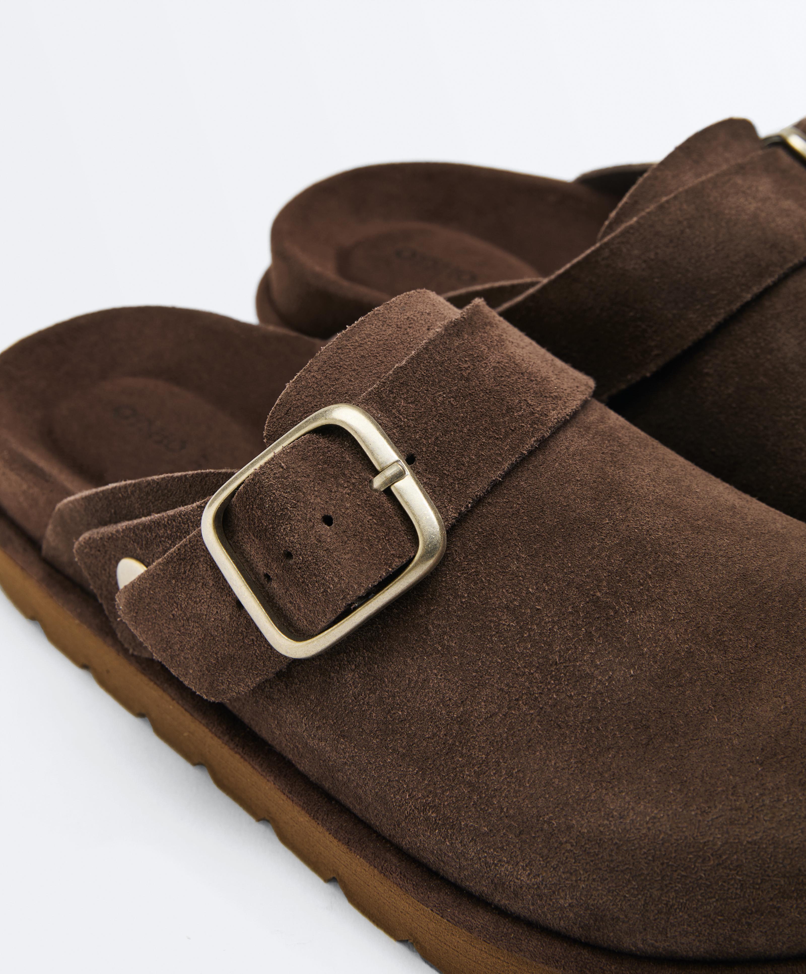 Buckled split-leather mules — BROWN